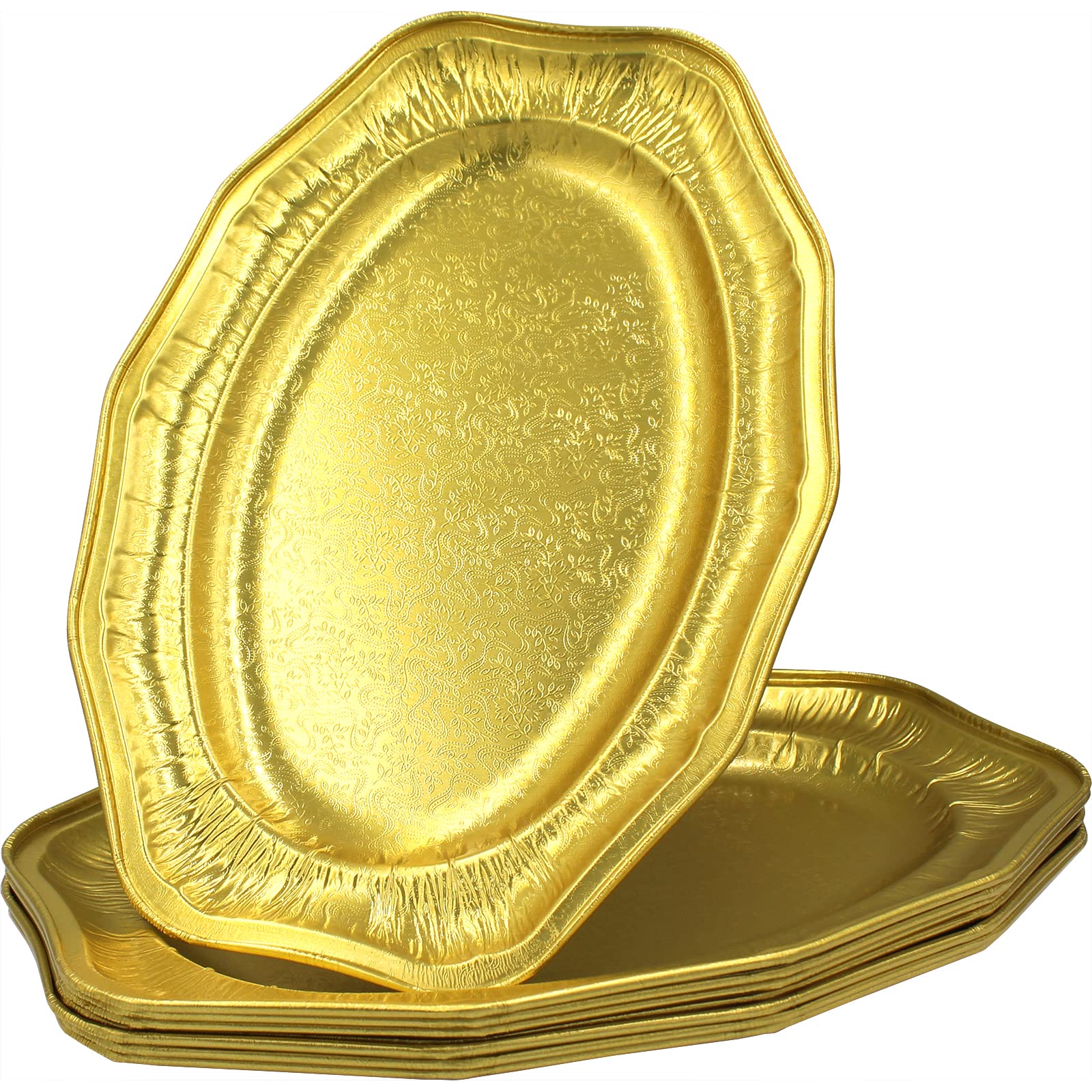 Sunrise Packaging Oval Aluminium Foil Platter [14” x 9.5”] Large Foil Tray, Food-Grade, Reusable Aluminium Foil Tray Container, Non-Stick, Washable, Gold, 10