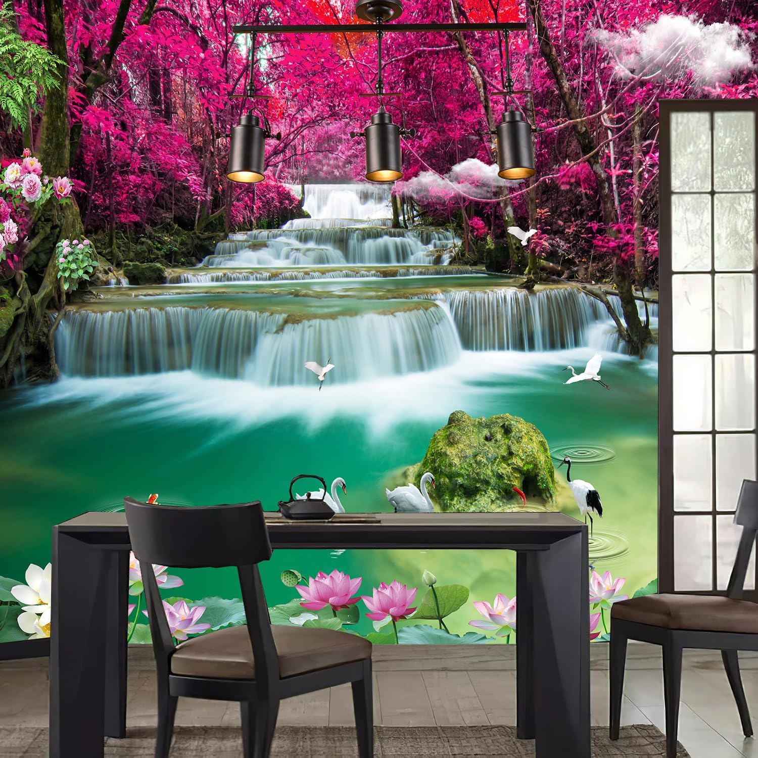 FLFK Waterfall Crane Lotus Wall Mural Peel and Stick 78.7"x59"-Self-Adhesive Wallpaper Poster Painting Large Sticker Deep Forest for Living Room Dinning Room Decor