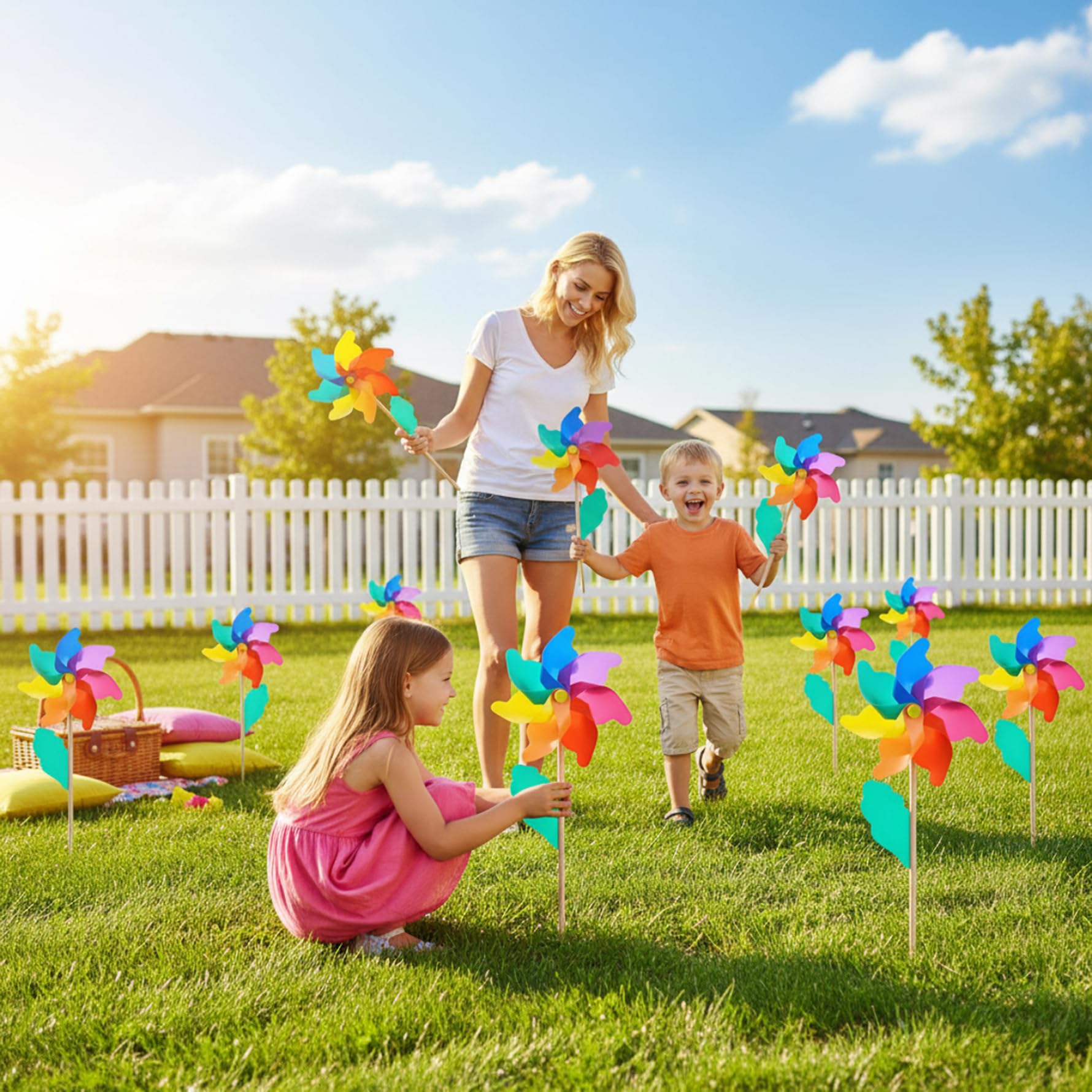 Girandole per bambini 7 pollici colorato plastica mulino a vento con 15.8 pollici palo di legno girandole per cortile giardino all'aperto ..