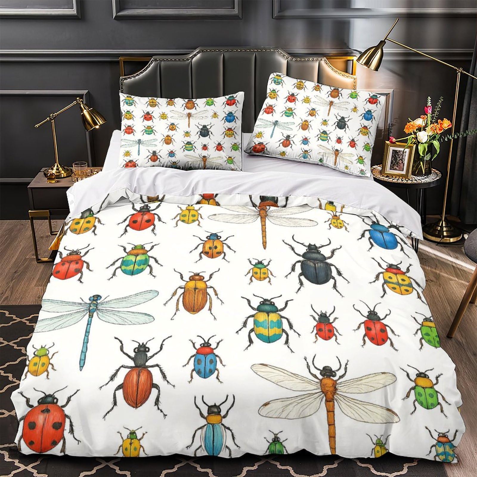 YVASPQRTW Insect illustration 3D Printing Duvet Cover 3pc Premium Microfibre Easy Care Colorful bug Quilt Cover 2 Pillowcases Concealed Zipper Bedding Couples Families Single (135x200cm)