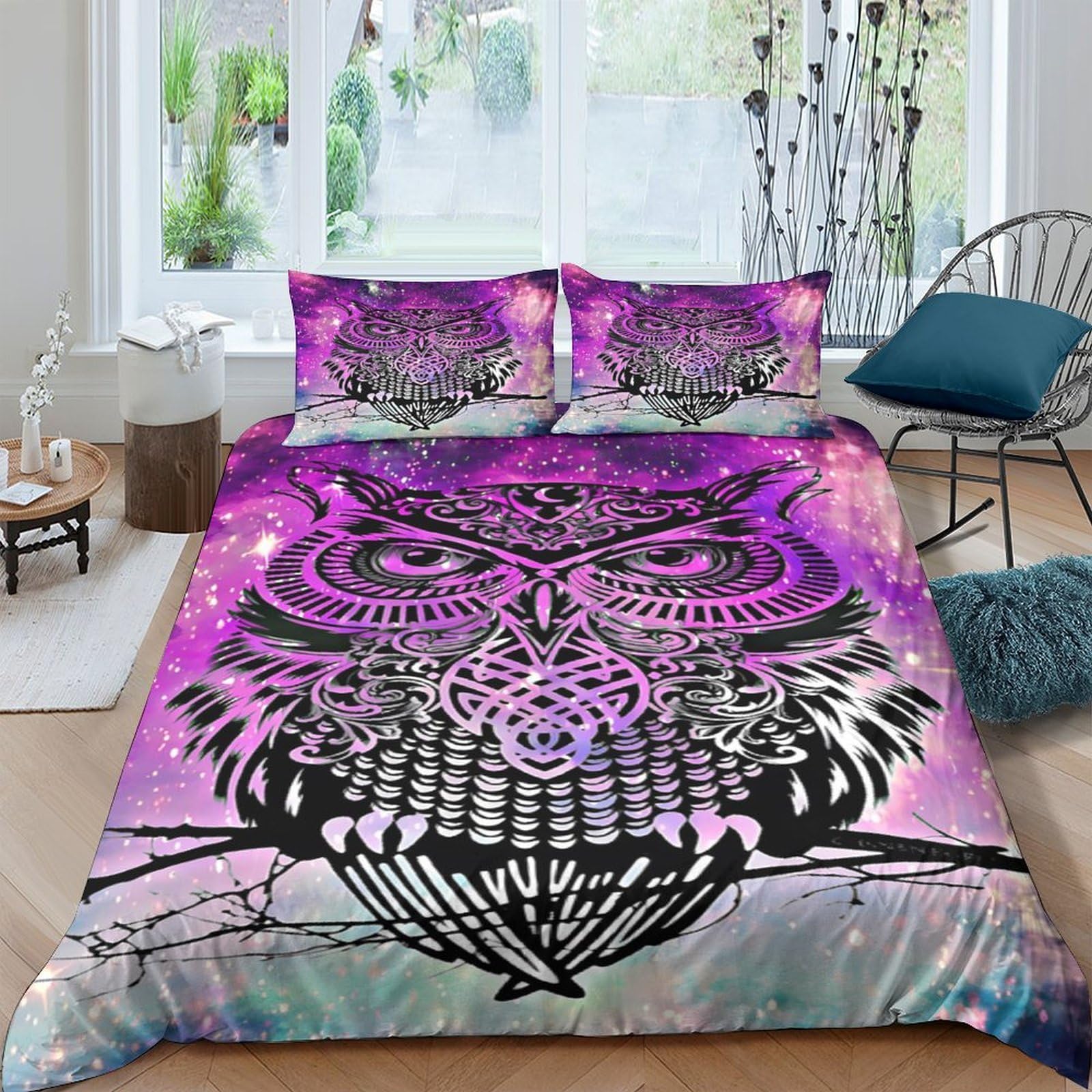 GPLZQXKJNH 3D Printed Purple Owl Duvet Cover Microfiber Soft Breathable Psychedelic Bedding Set with 2 Pillowcases for Bedroom Decor Single（135x200cm）