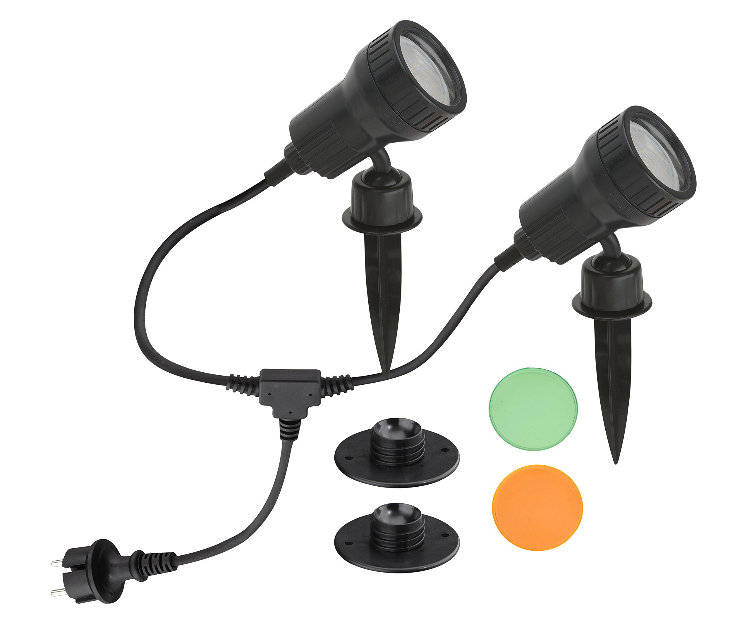 Lampa zewnętrzna, lampa ogrodowa, oświetlenie dróg, zestaw 2-częściowy, 2 x LED GU10 3 W 250 lm, w zestawie filtr kolorowy pomarańczowy, zielony, w zestawie szpikulec do wbijania w ziemię i uchwyt ścienny, głowica obrotowa i obrotowa, w zestawie przewód z