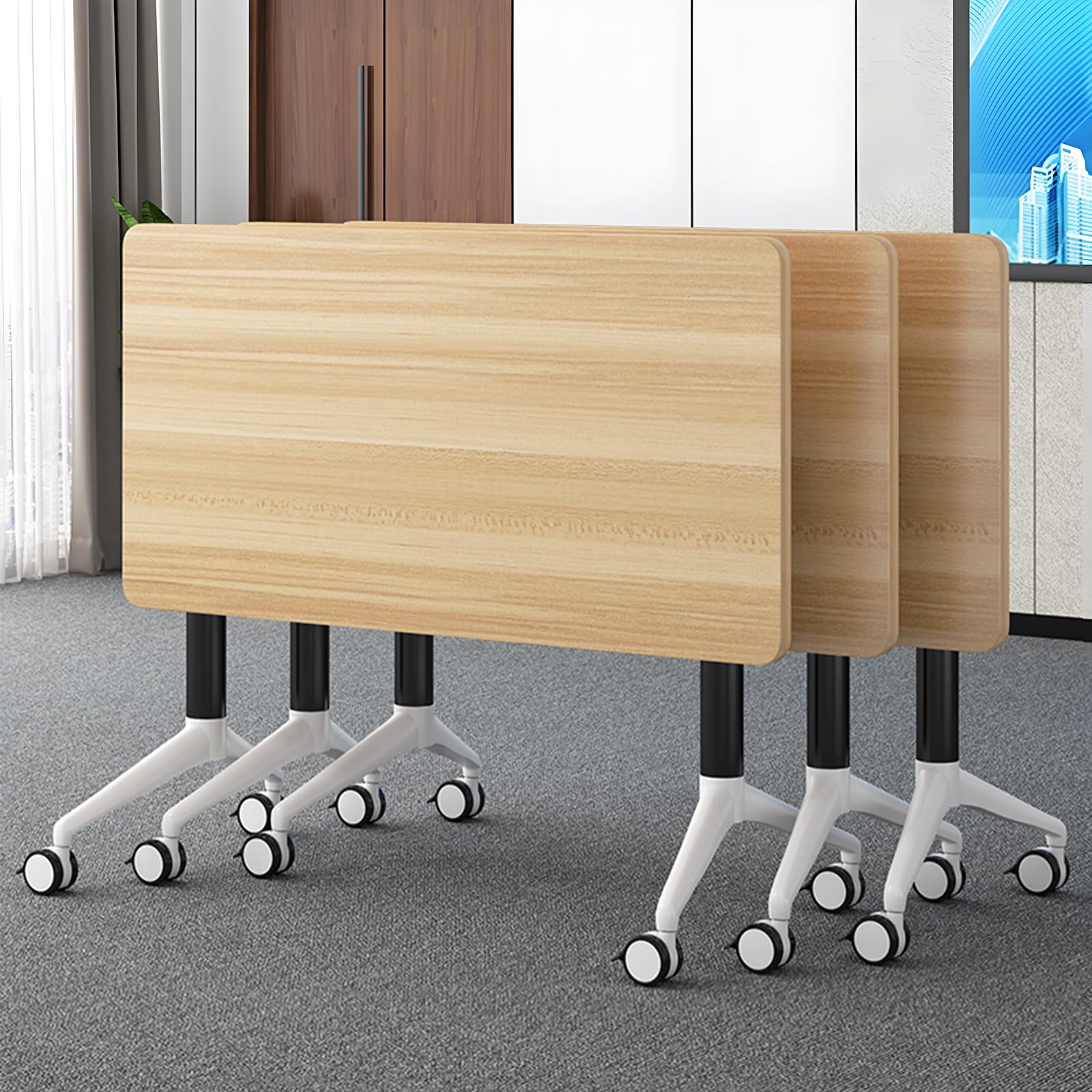 HSHBDDM Folding Conference Table with Flip-Top & Locking Wheels, Training Table with Metal Frame – Modular, Space-Saving Design for Office, Meeting,
