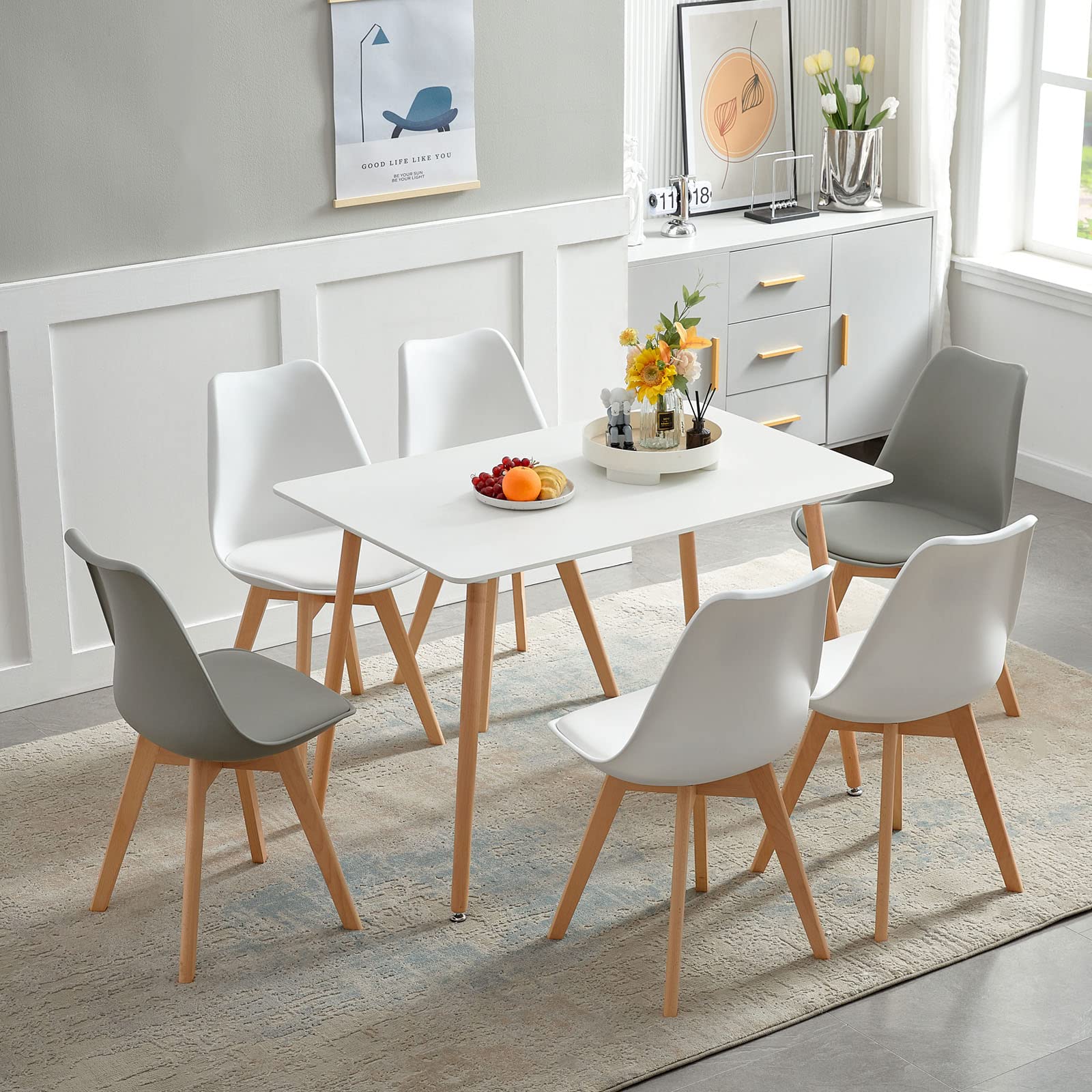 Ensemble de Salle à Manger LafeuR avec Table et 6 Chaises pour 6 Personnes (Blanc Table+4 Blanc & 2 Gris Chaises)