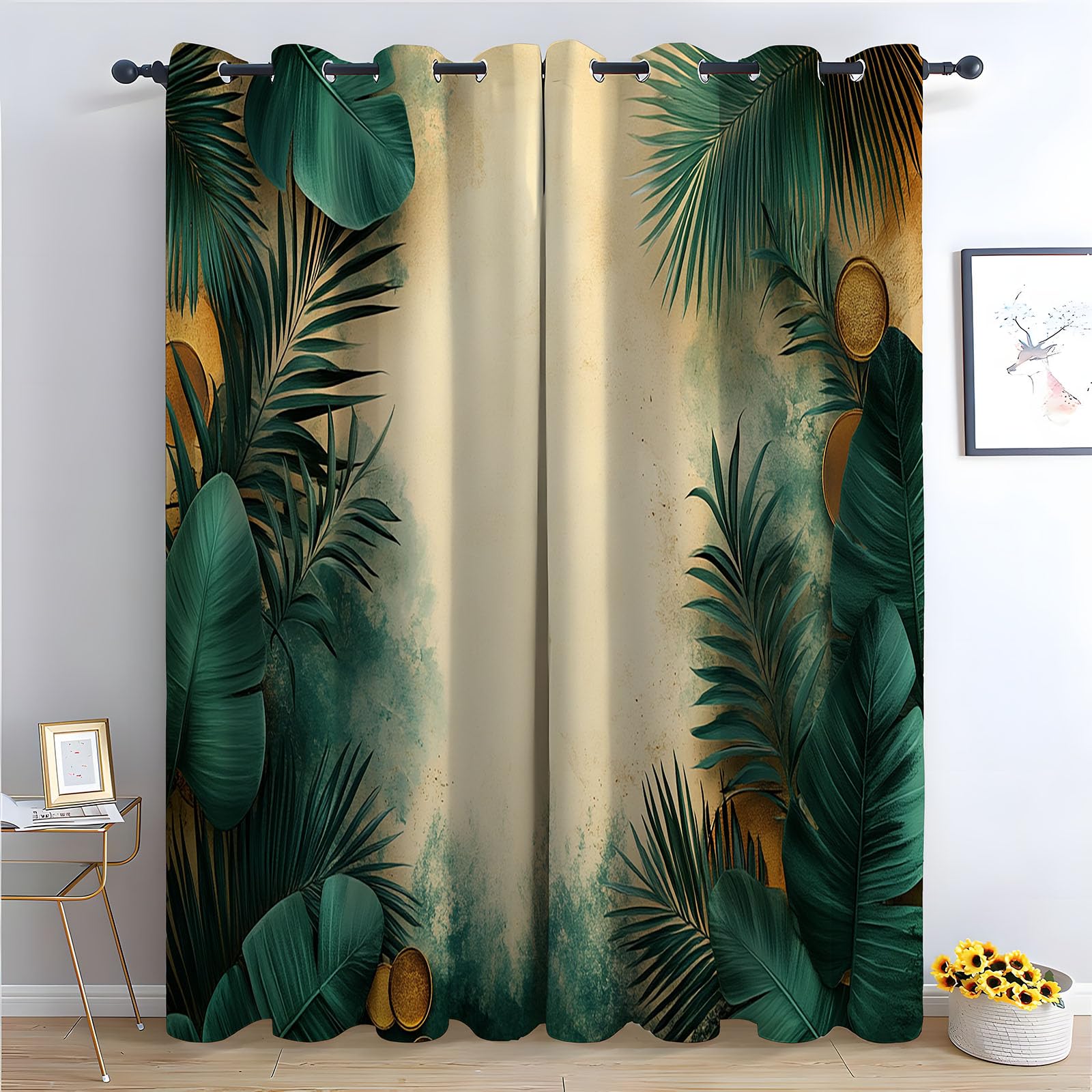 Blickdichte Vorhänge, Tropische Palmenblätter mit Goldakzent Abstrakt Luxus Modern Muster Gardinen, für Wohnzimmer Schlafzimmer-H180 x B100 cm (2er Pack)
