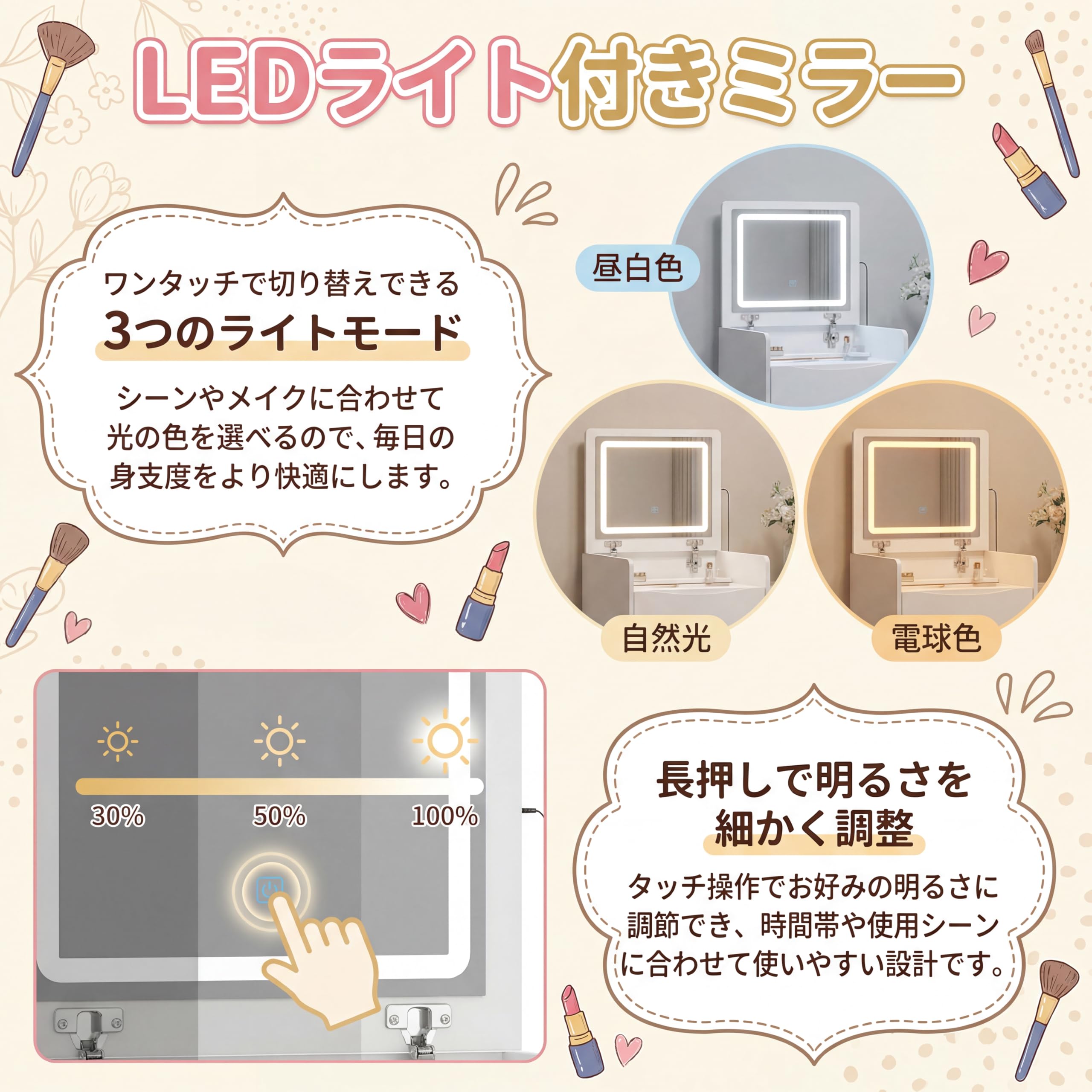 Amazon｜Timechee ドレッサー コンパクト 幅54cm テーブル ライト付き