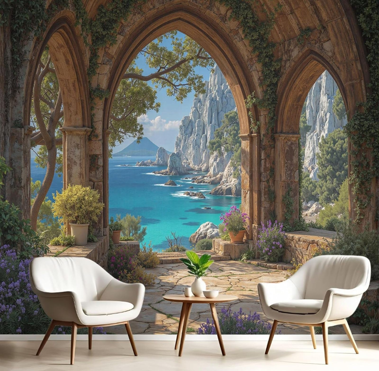 Kfjhgbdshhj 3D Mural Photo Mural-Wallpaper European Style Arched For Living Room, Modern Sea View Wall Decor, Wall Mural, Decoration, Bedroom, Restaurant, Cafe, Office, Hallway, 350Cm X 256Cm Poster - Wall Sti