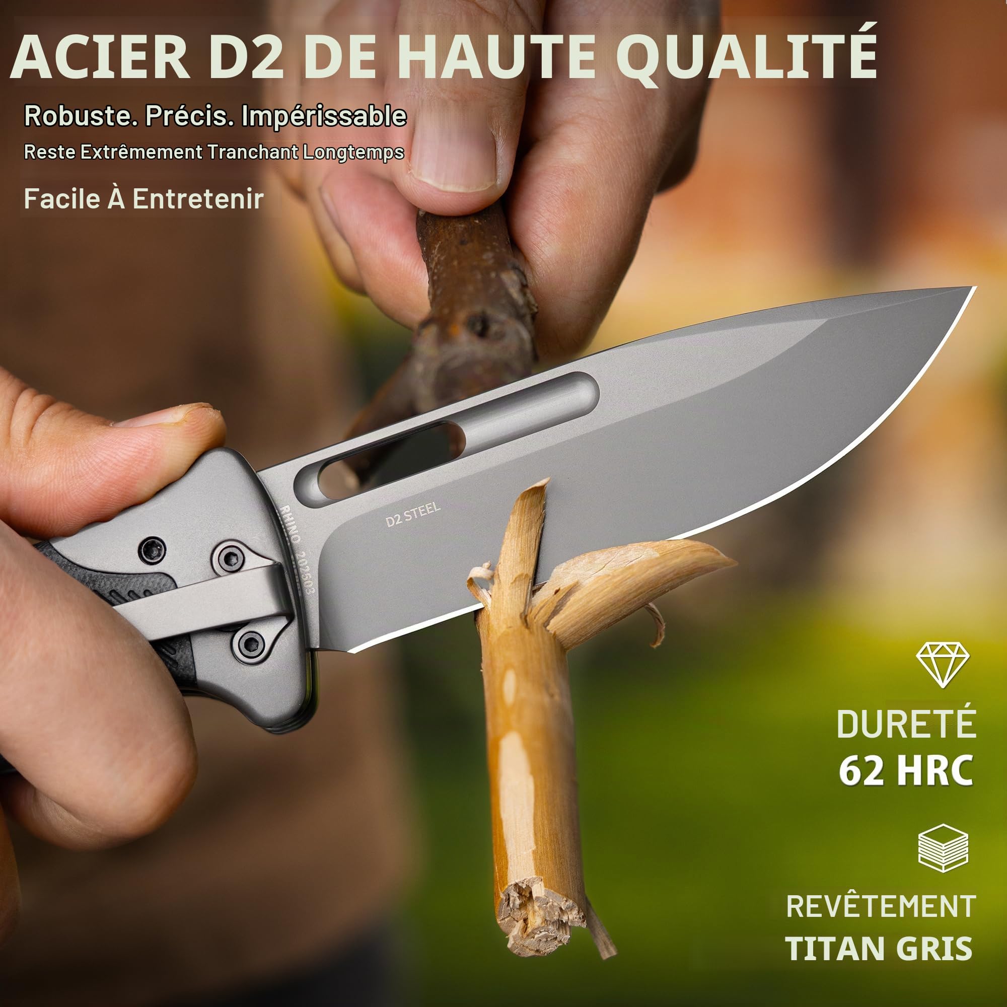 LOTHAR RHINO Couteau à Deux Mains, 10.5cm Grand Couteau Pliant Avec Acier D2, Manche G10 Couteau Outdoor Survival Avec Clip Pour Camping, Back Lock, Bushcraft, Robuste & Durable