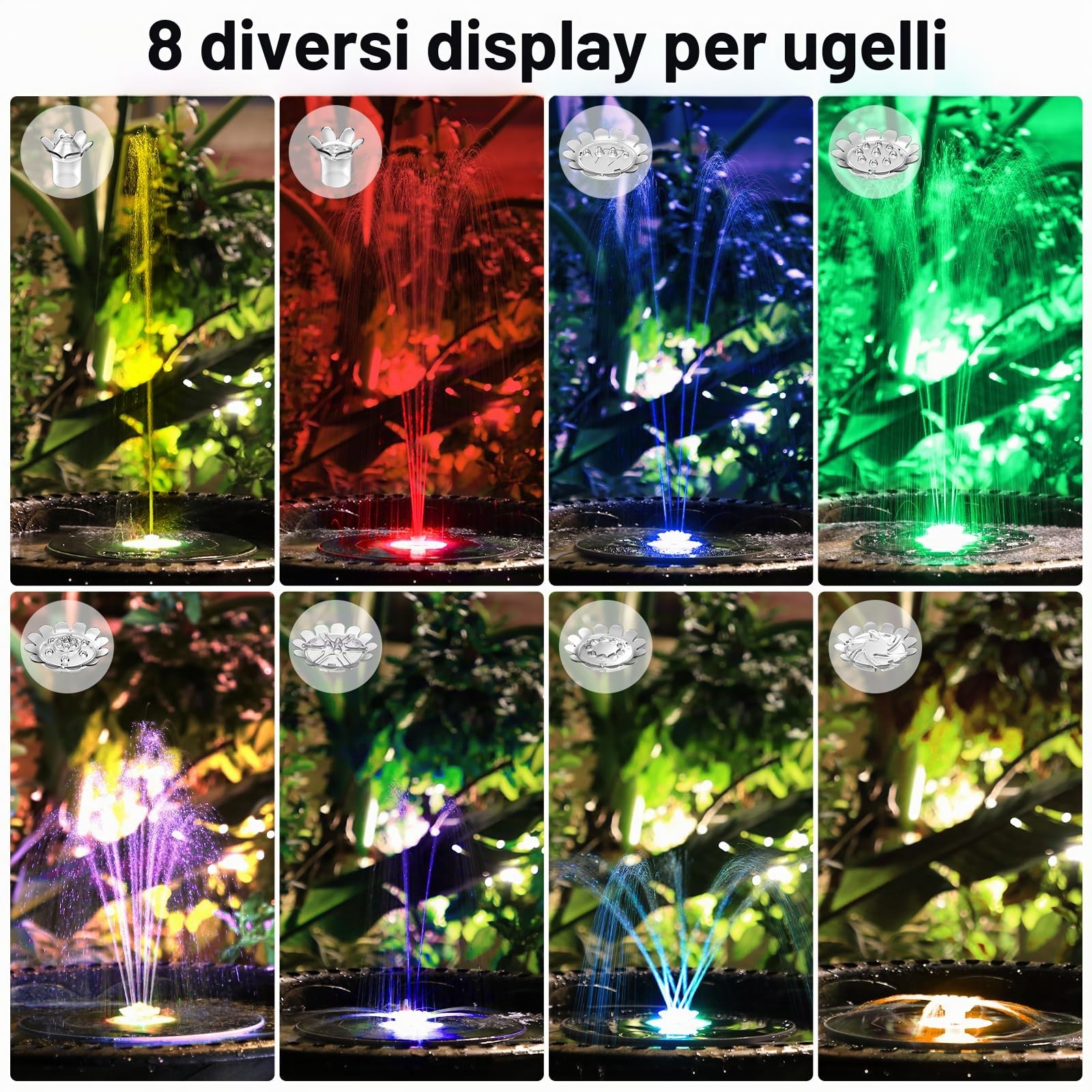 AISITIN Fontana Solare LED 5,5W per Laghetto con Supporto Regolabile, Pompa per Giardino a Luci Multicolori e Ugelli Intercambiabili, Fontana Energeticamente Efficiente per Vasca Uccelli e Giardino