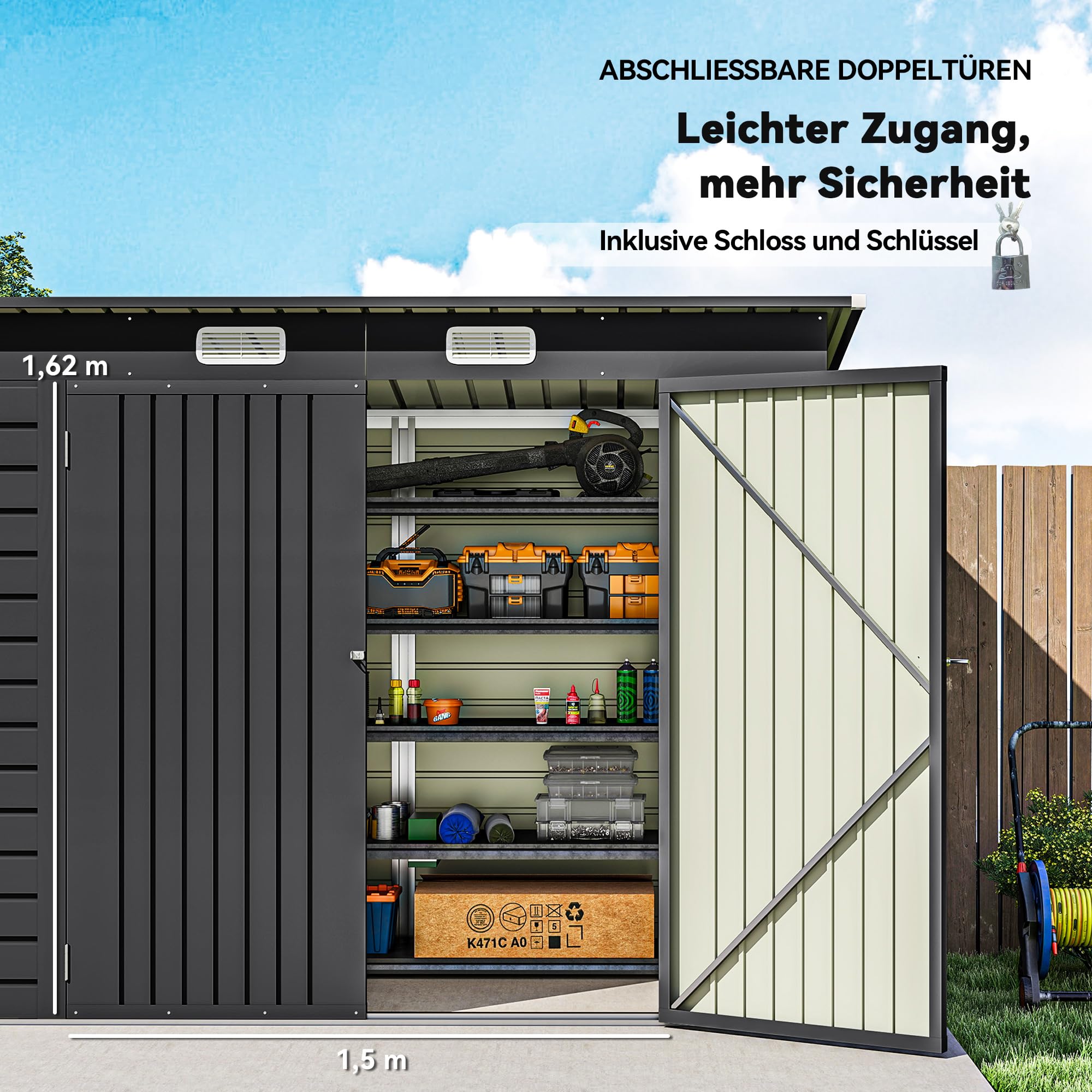 Outsunny Metall Gerätehaus 2,7 m² Pultdach Doppeltür 249x121x183cm Grau | Abschließbar, Fenster, Geräteschuppen, Gartenhaus, Outdoor Garten Schuppen Schrank, für Hinterhof Außenbereich
