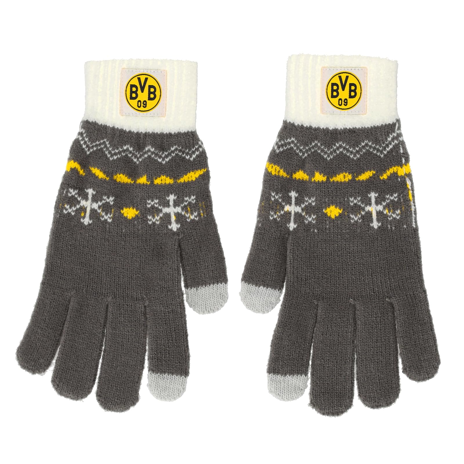 Dortmund BVB Norweger-Handschuhe Gr. L/XL, Grau-Weiß mit Wintermuster, 100% Polyacryl