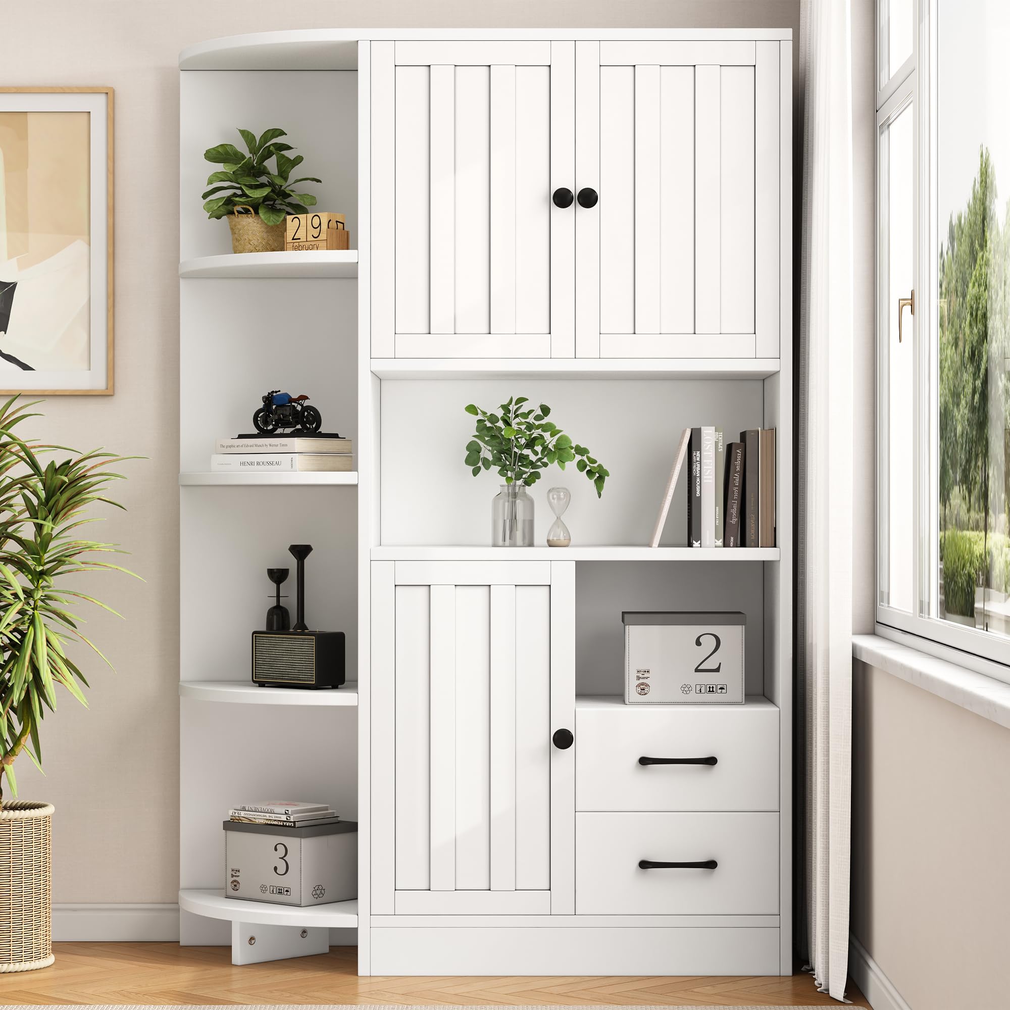104 x 35 x 155 cm, armario de esquina con 3 armarios + 2 cajones, estanterías de salón, armarios altos y highboard con un total de 14 áreas de almacenamiento, estanterías, aparador, color blanco