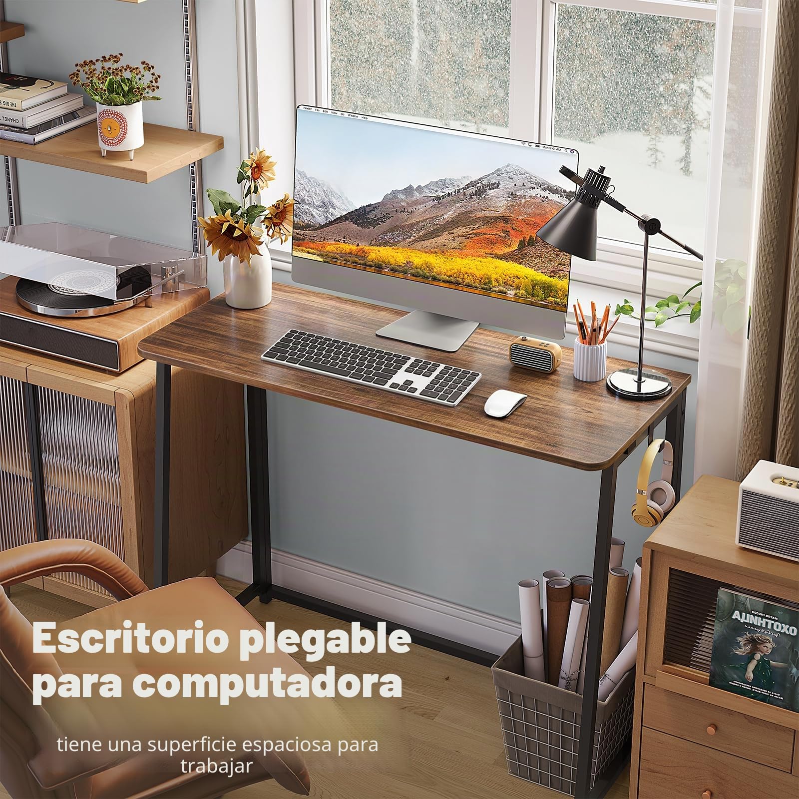 WOHOMO - Escritorio plegable, pequeño escritorio de escritura para ahorrar espacio, mesa plegable para portátil, estación de trabajo para oficina en casa, fácil montaje, nogal rústico