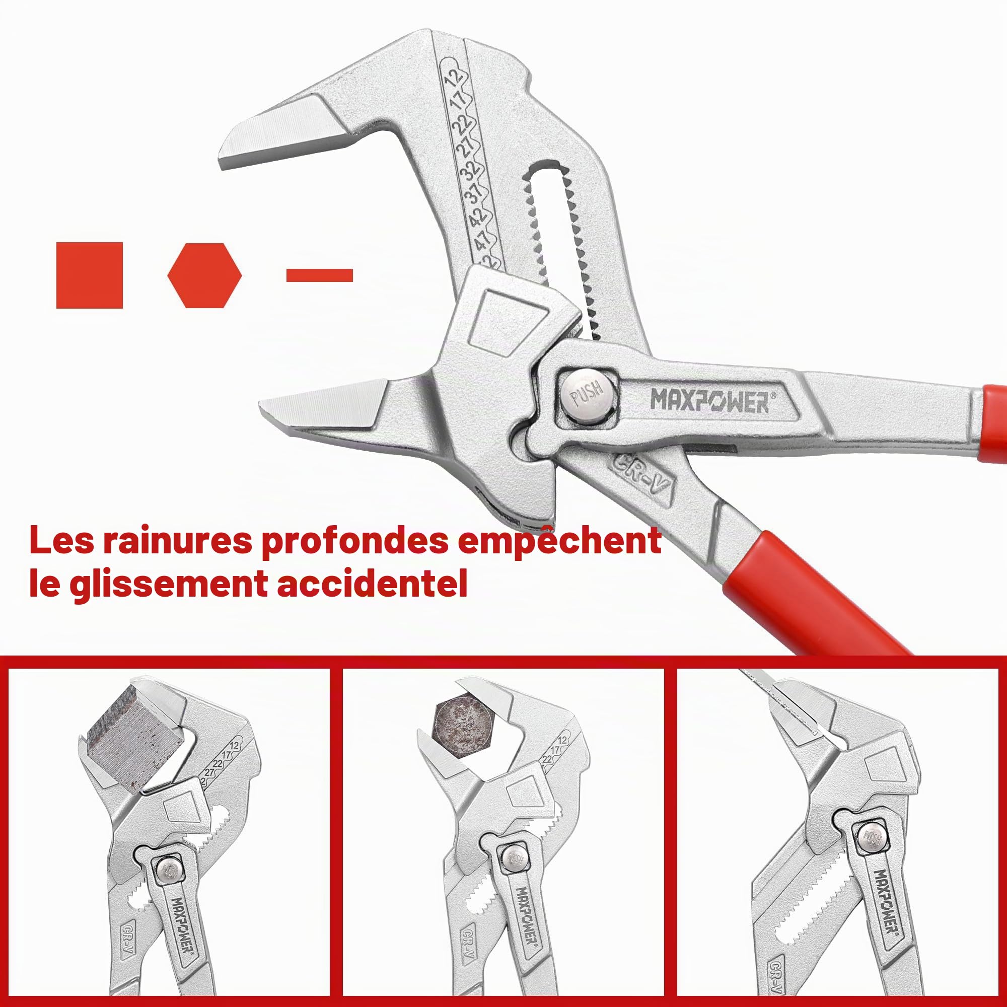 MAXPOWER Clé Multiprise 10" (260 mm) – Ouverture 52 mm, Acier Cr-V, Poignée Antidérapante, Verrouillage & Graduation, avec Capuchon de Protection