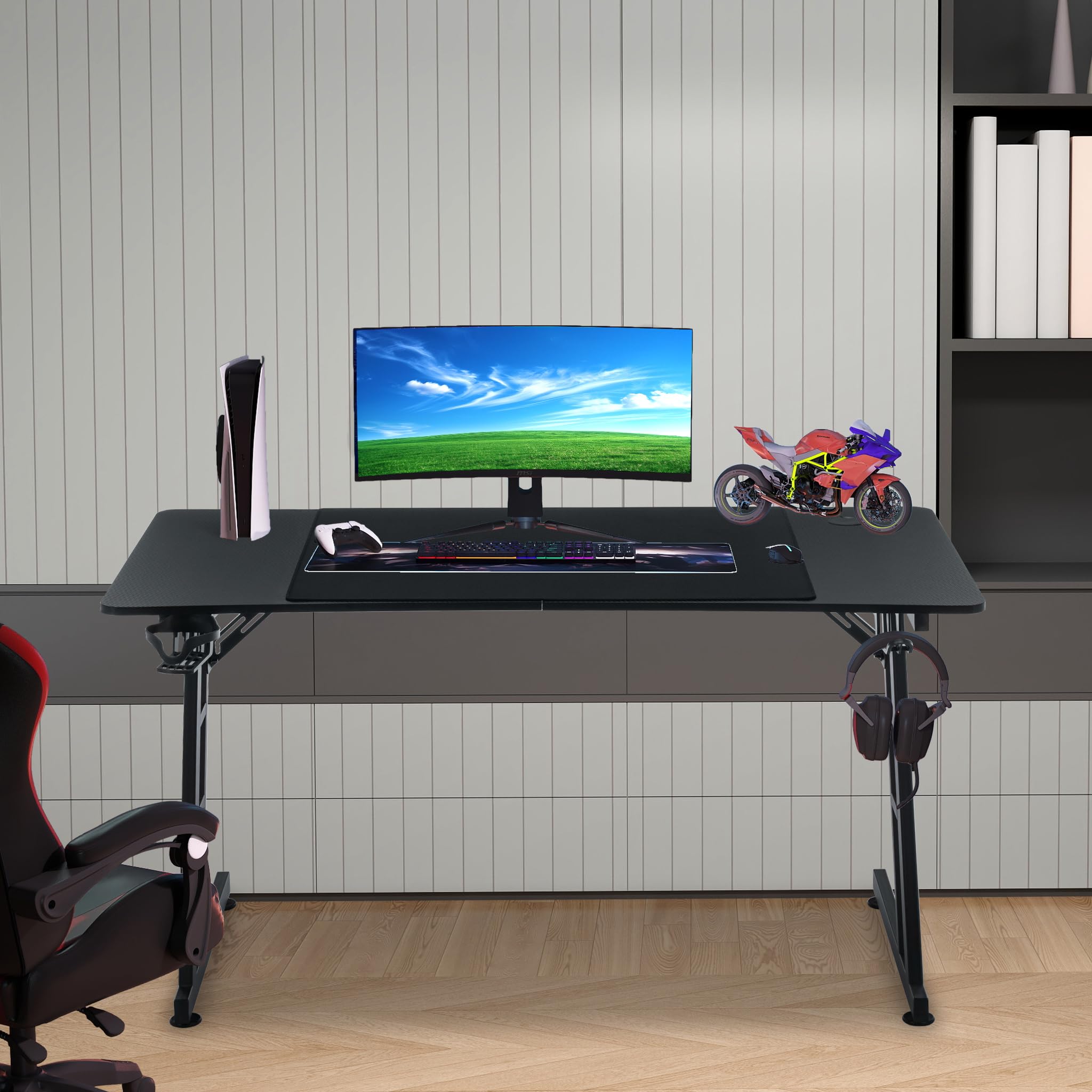 Gaming Tisch Schreibtisch 120x60cm Computertisch mit Kopfhörerhaken und Getränkehalter, Stabiles Z-Gestell Zocker Tisch zum Home Office(Typ A, Keine LED)