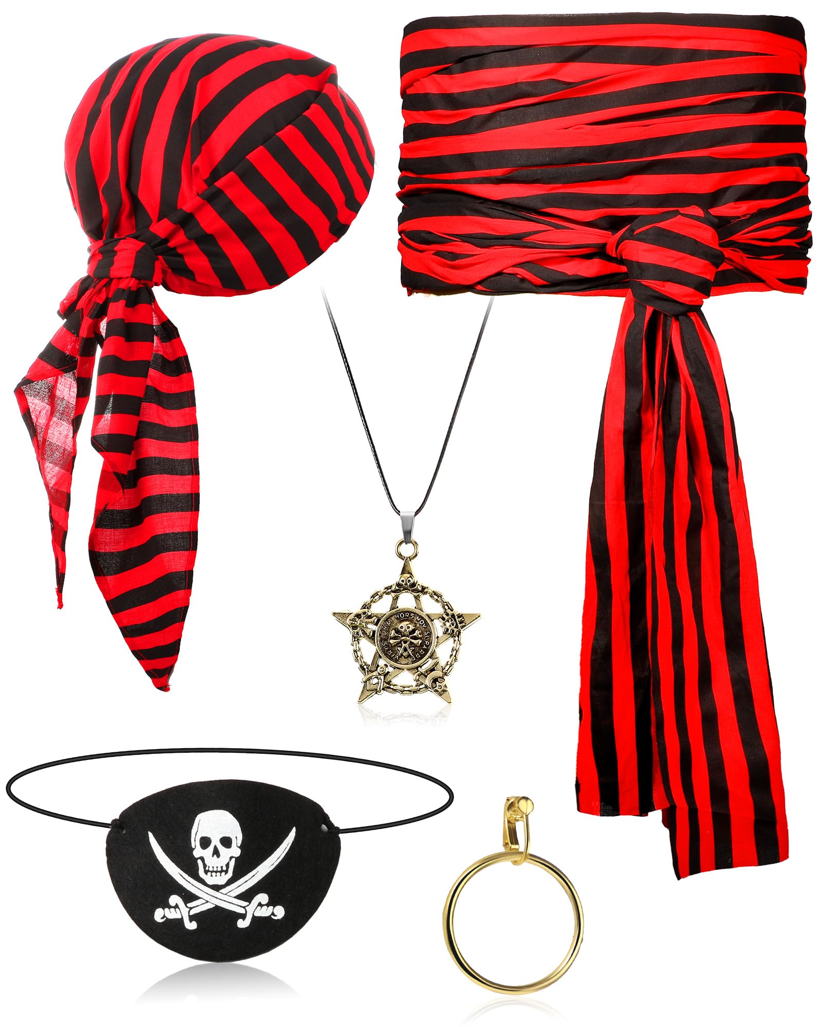 Didaey 5 Pcs Captain Pirate Costume Accessories Set Pirate Eye Patch Large Sash Headband Necklace Earring for Women Men(Black and Red)