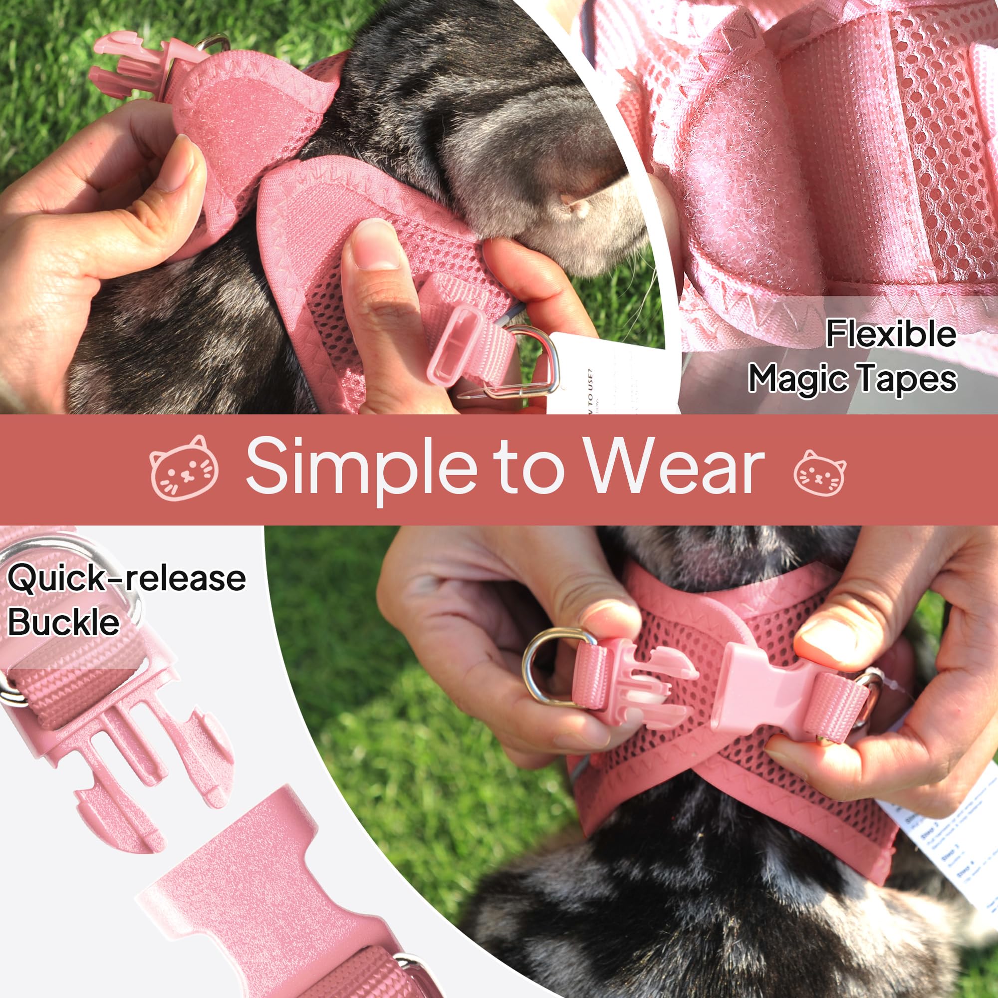 TwoEar Harnais pour chat et chat, gilet souple réglable, en maille respirante, réfléchissant, contrôle facile pour les animaux de compagnie de petite taille (XXS, rose)