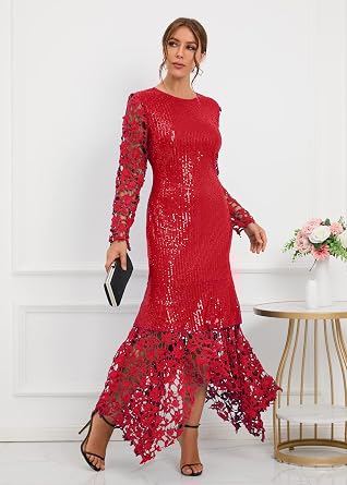 Sequins Floor-Length Hollow Asymmetrical Women's Maxi Dress Lace Dress Party Evening Dress