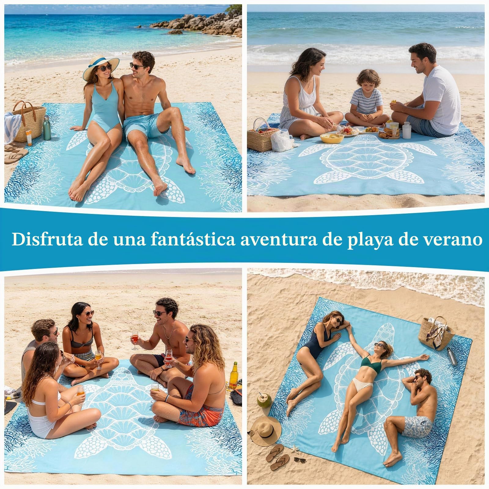 XXL Grande Manta de Playa Impermeable Alfombra de Playa Resistente a la Arena Esterilla de Playa 180x200cm Manta de Pícnic Camping y Playa 4 Estacas Gancho y Bolsa de Almacenamiento Portátil