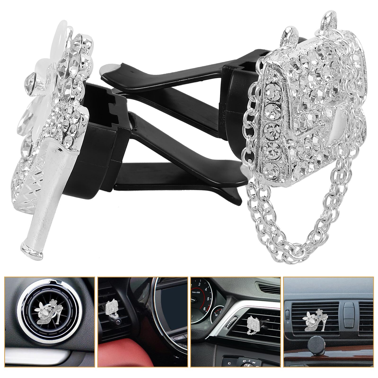 Clip Profumo Auto a Tacchi Alto Strass, 2 Pezzi Argento