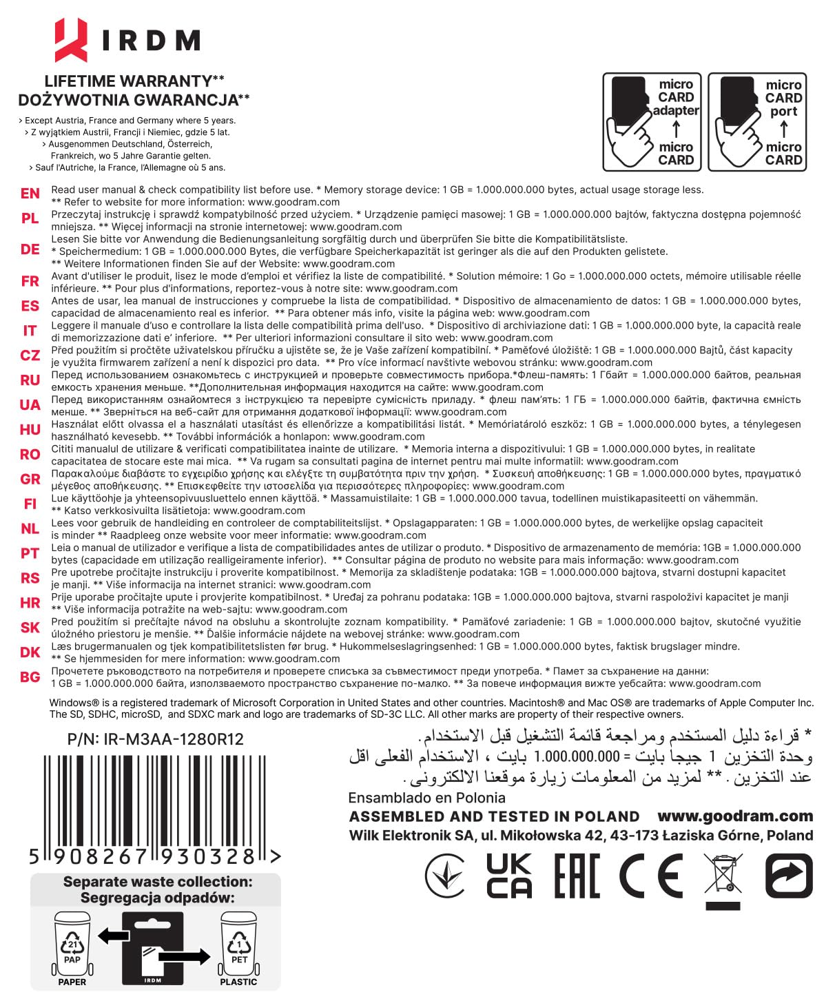 Goodram - IRDM microSD Karte UHS-I U3 mit Adapter - 128 GB, bis zu 100 MB/s, V30, 4K geeignet - stoßfest & wasserdicht - Extreme Zuverlässigkeit, Video Speed Class V30, Qualitätskomponenten