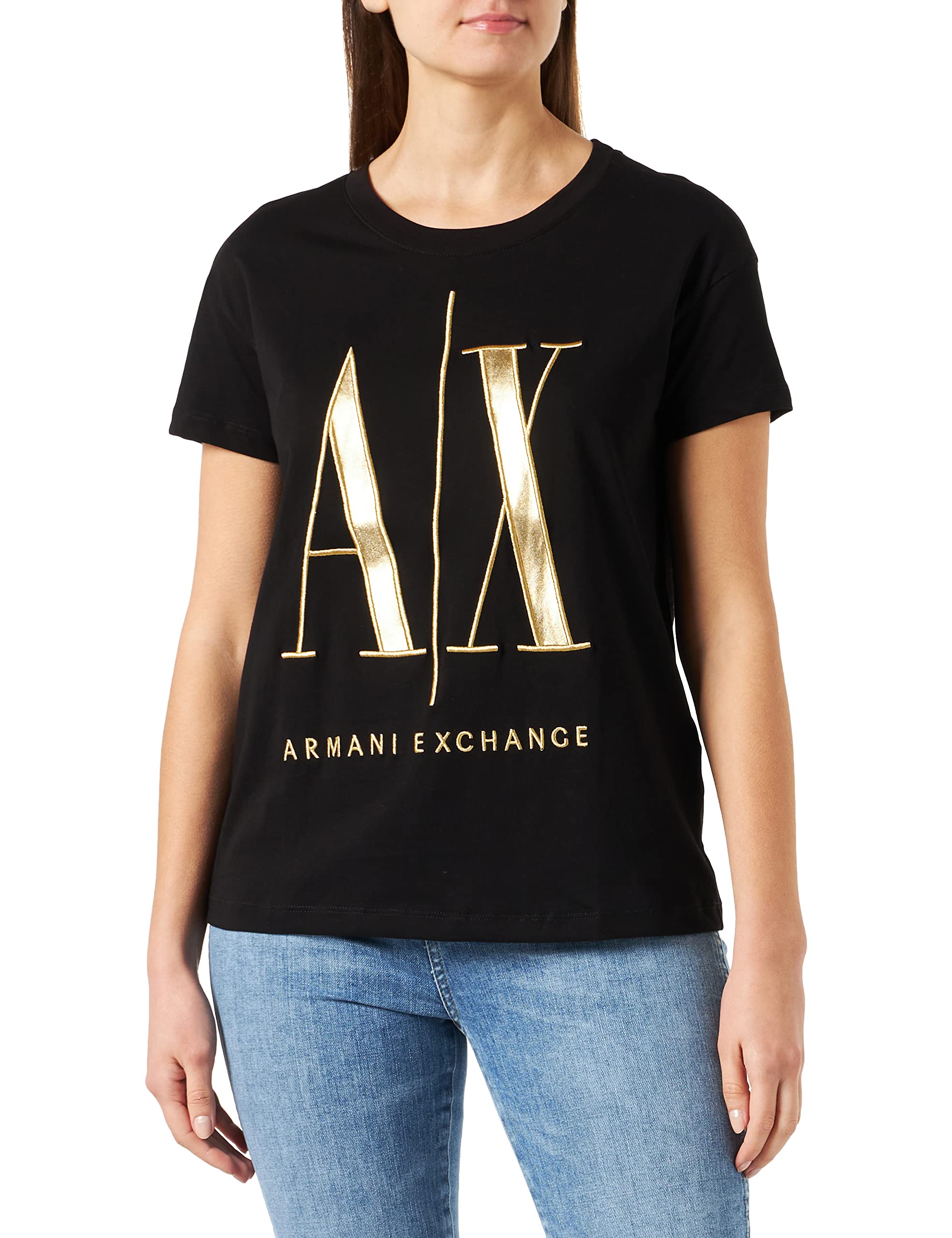 Armani ExchangeWomen's Icon, Regular Fit, Maxi Gold Embroidered Logo T-Shirt