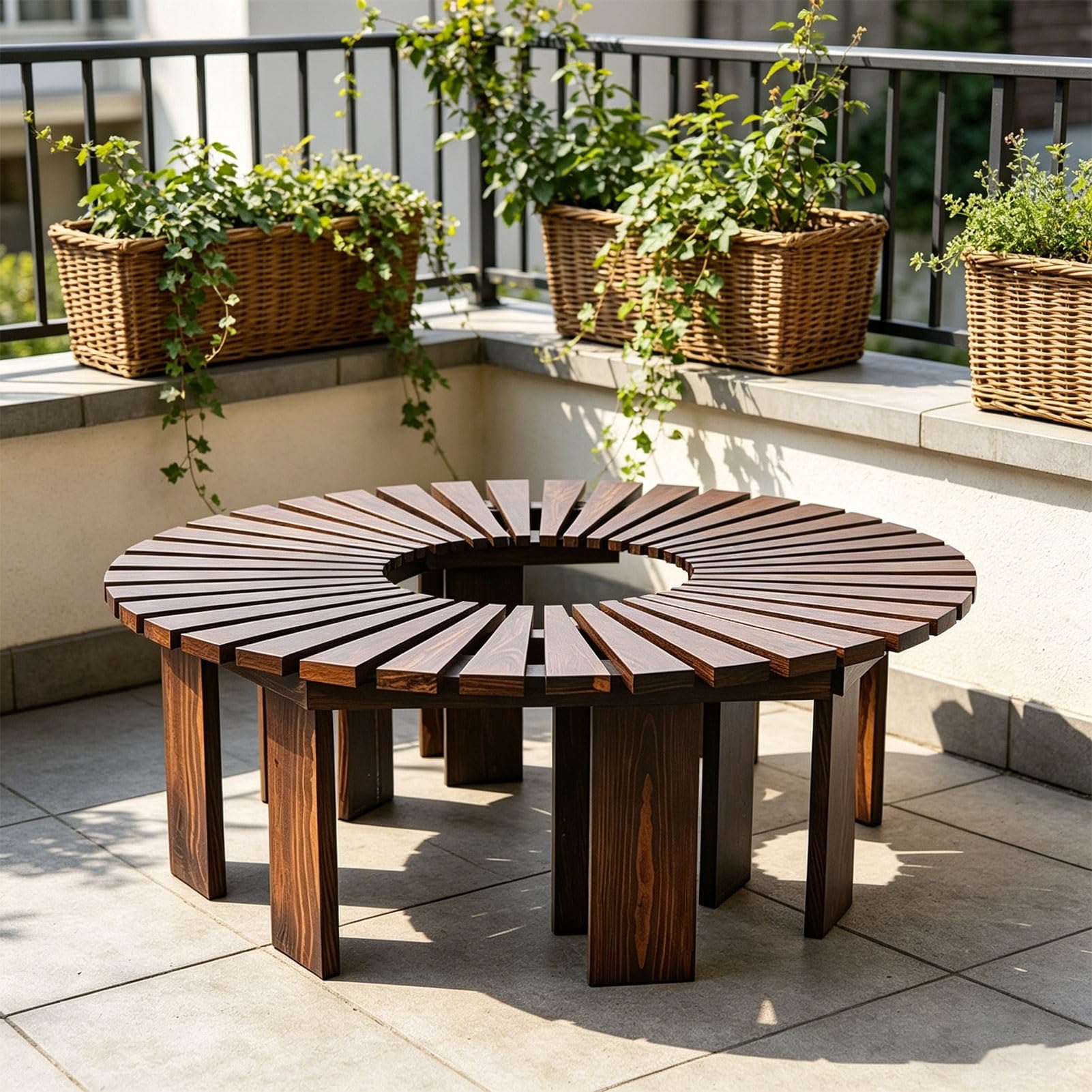 Banco de árbol con asientos de listones envolventes de madera exterior