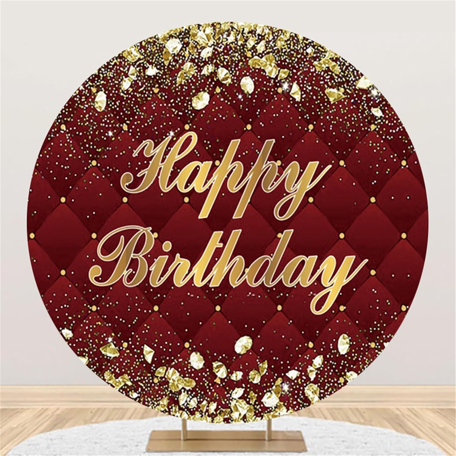 Polyester Diameter 6.5ft Happy Birthday Round Backdrop Gold Diamond Red Velvet Rhombus Lattice Photography Background Adult Kid Birthday Party Baby Shower Decoration Photo Booth Props