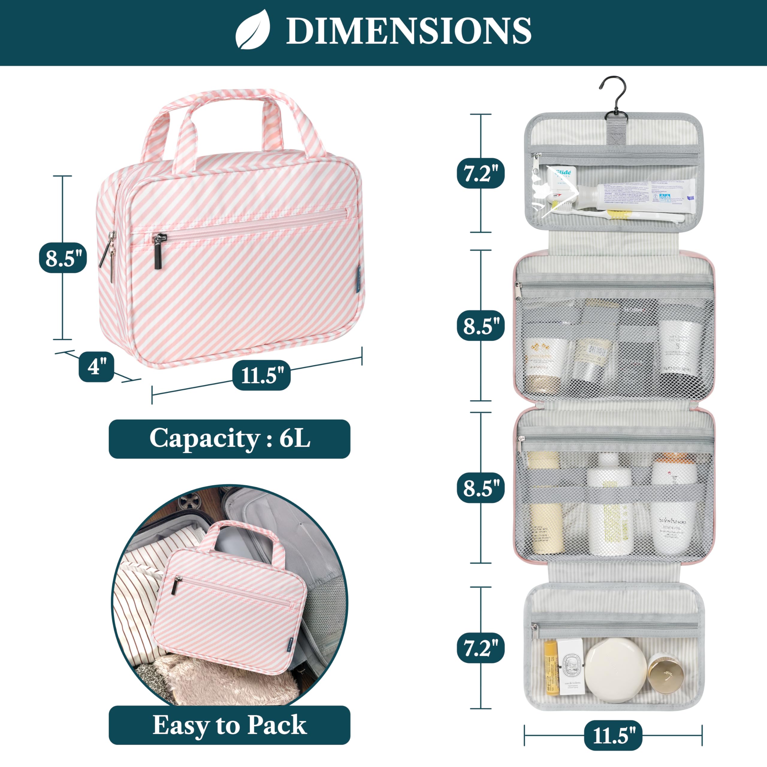 PAVILIA Neceser colgante de viaje para mujeres y hombres, organizador de cosméticos plegable, resistente al agua, accesorios de tocador, kit de artículos de tocador grande, Raya rosa, Talla única