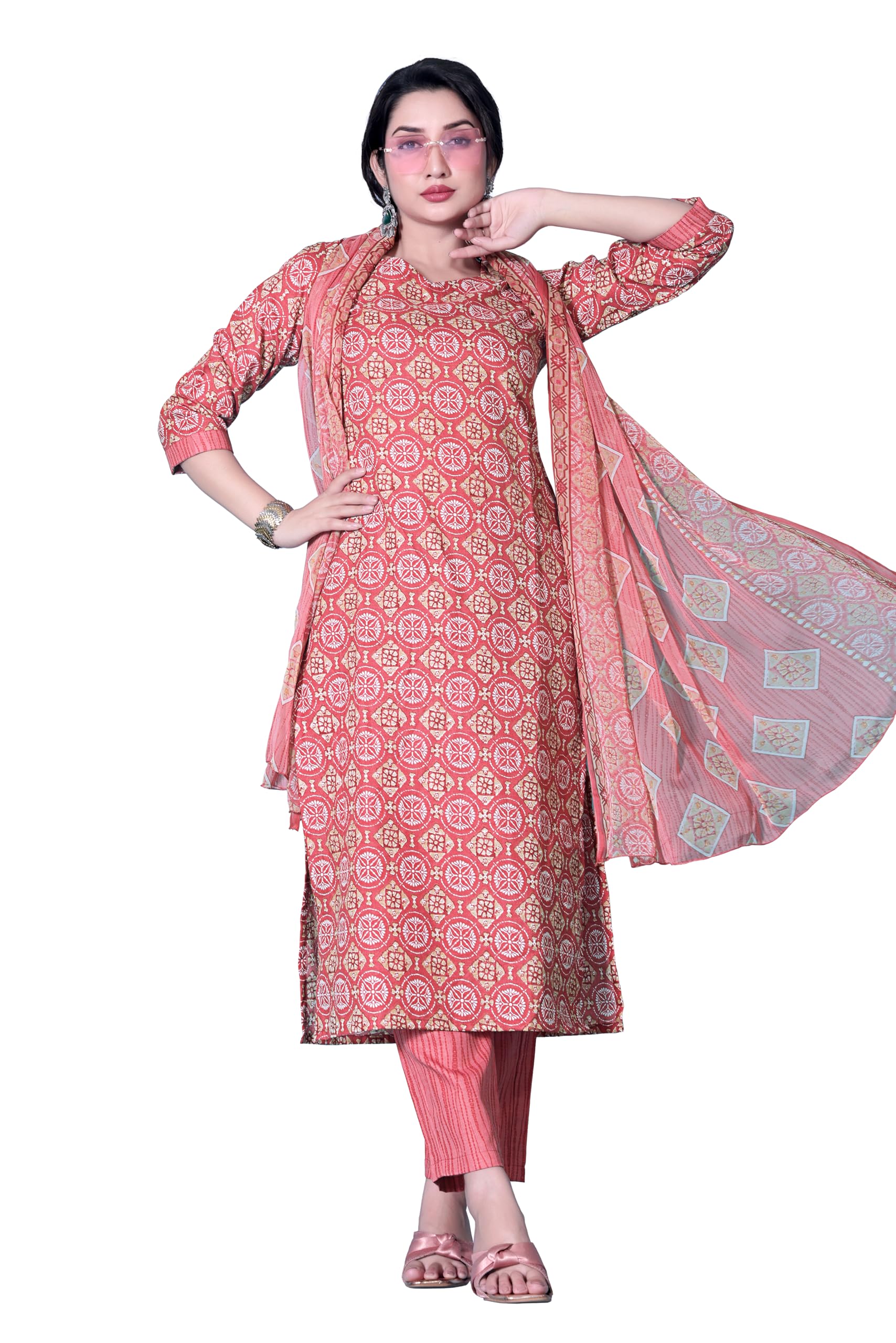 Tadkee Women's Cotton Blend Kurta Set (Fn-Kurta-Set-Dupatta-136-Red-Xl_Red