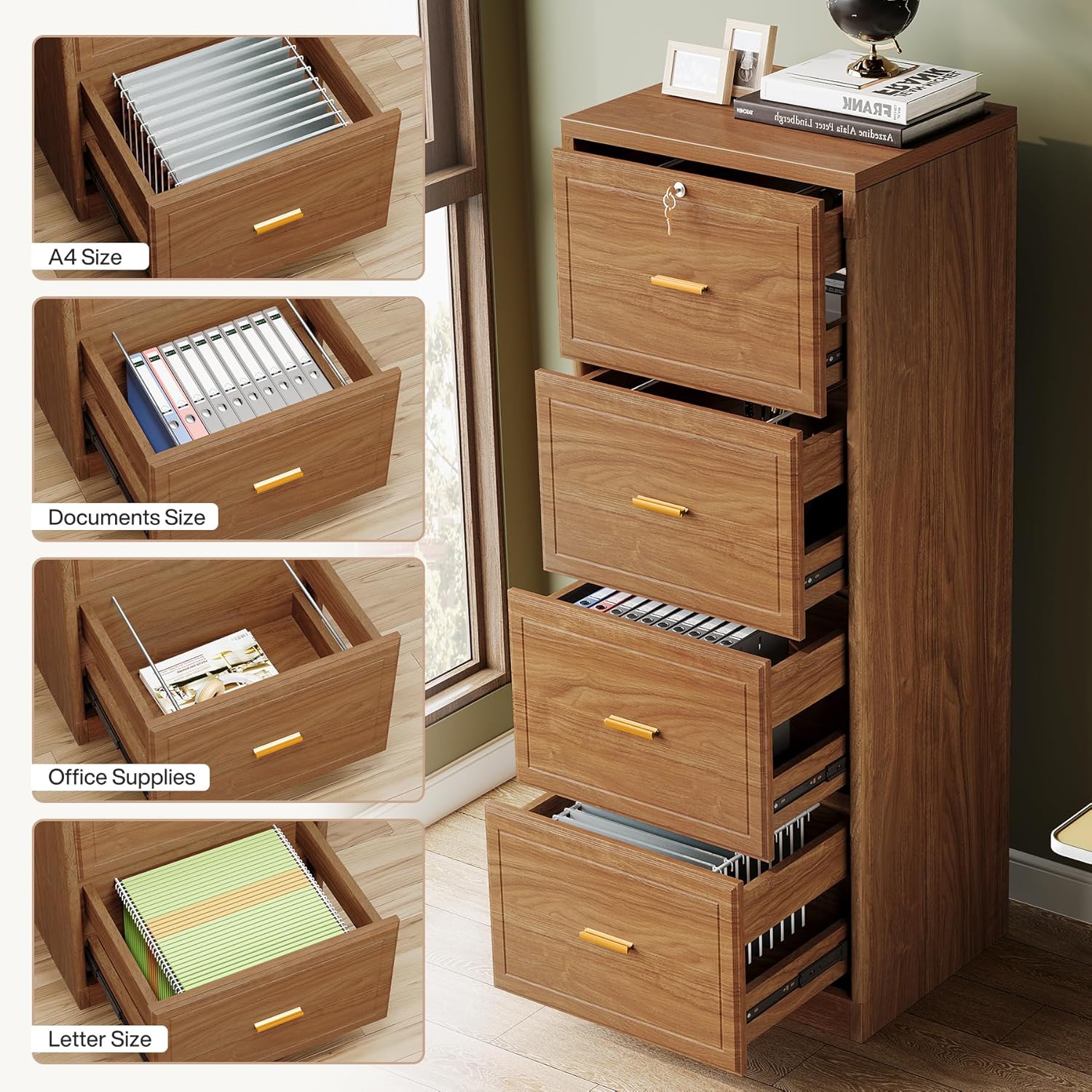 Tribesigns 4-Drawer File Cabinet with Lock, Locked File Cabinet with Key, Tall Wooden Filing Cabinets for Home Office, Vertical Office Storage for Legal Size/Letter/A4/Files, Brown