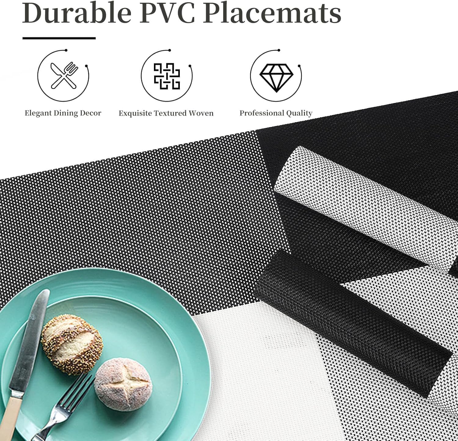 Placemats Set of 6 Dining Table Place Mats | Placemats Table Mat PVC Material | Non-Slip Heat Resistant | Dining Tablemates Washable Anti-Skid | Size 45 x 30cm (Black White Lattice Block) — Amazon image 5