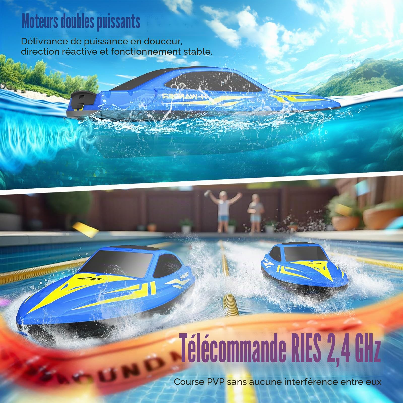 WUQNGI Bateau Télécommandé Enfant et Adulte, RC Bateau 2,4 GHz avec Lumières LED, 2 Piles Rechargeables Bateau Radiocommandé Électrique, Jouet Aquatique pour Piscines et Lacs, Cadeau Garçon Fille