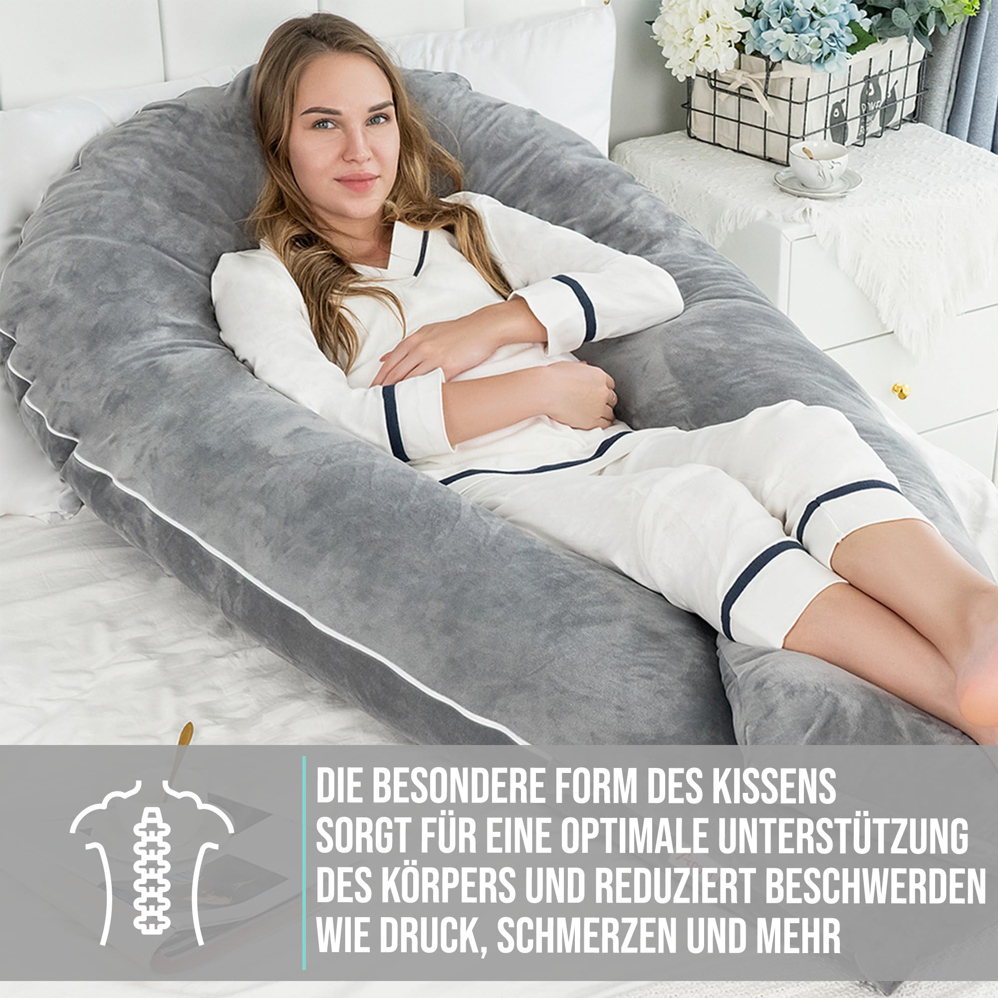 Strex Schwangerschaftskissen XXL - 280cm - Abnehmbarer Bezug - Seitenschläferkissen/Body Pillow/Körperkissen/Stillkissen