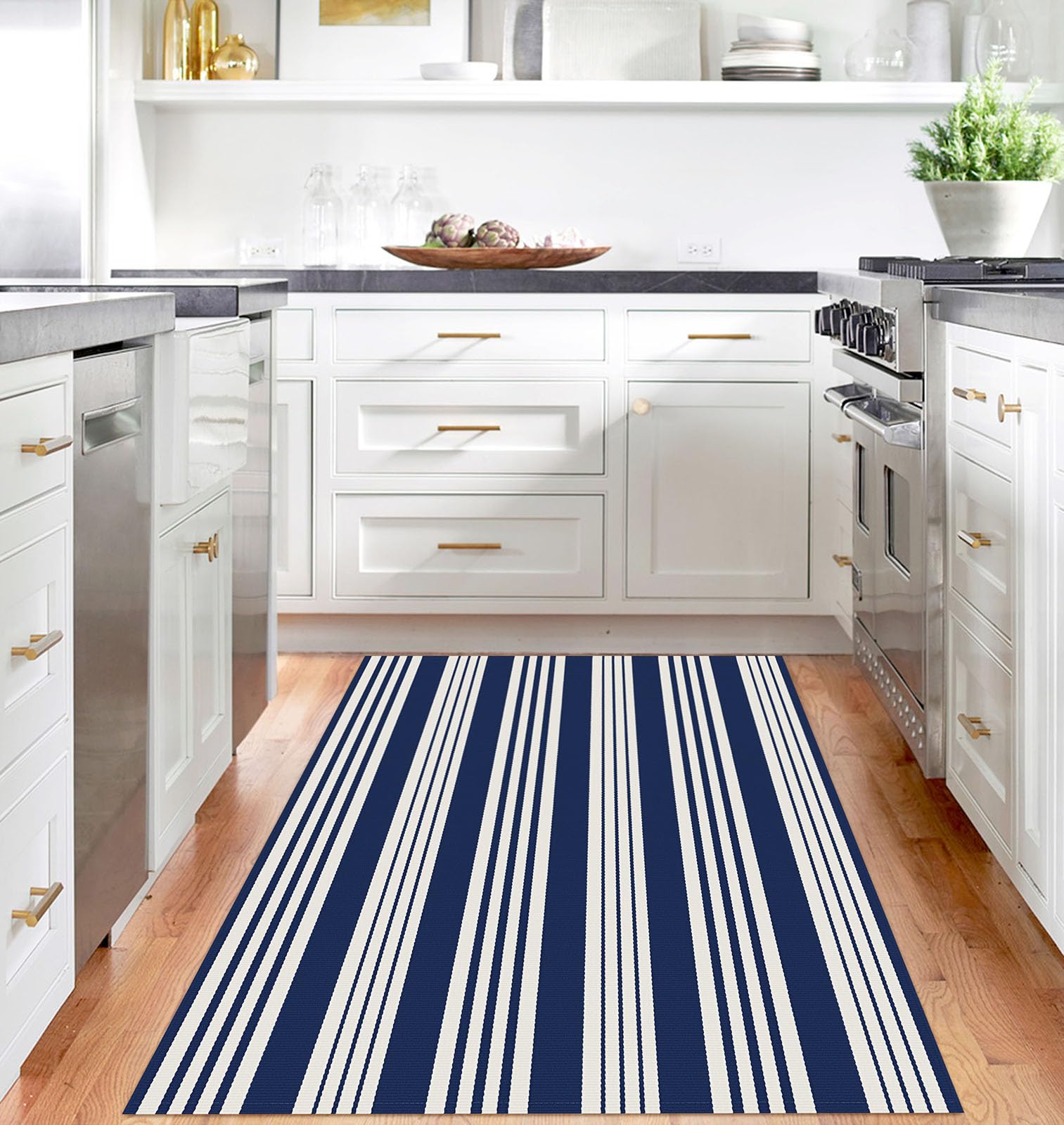 IOHOUZE Tappeto a righe blu navy e bianco, 1,2 x 1,8 m, tappeto lavabile per doppia porta d'ingresso, grande tappeto da patio per esterni ed interni, zerbino per ingresso portico