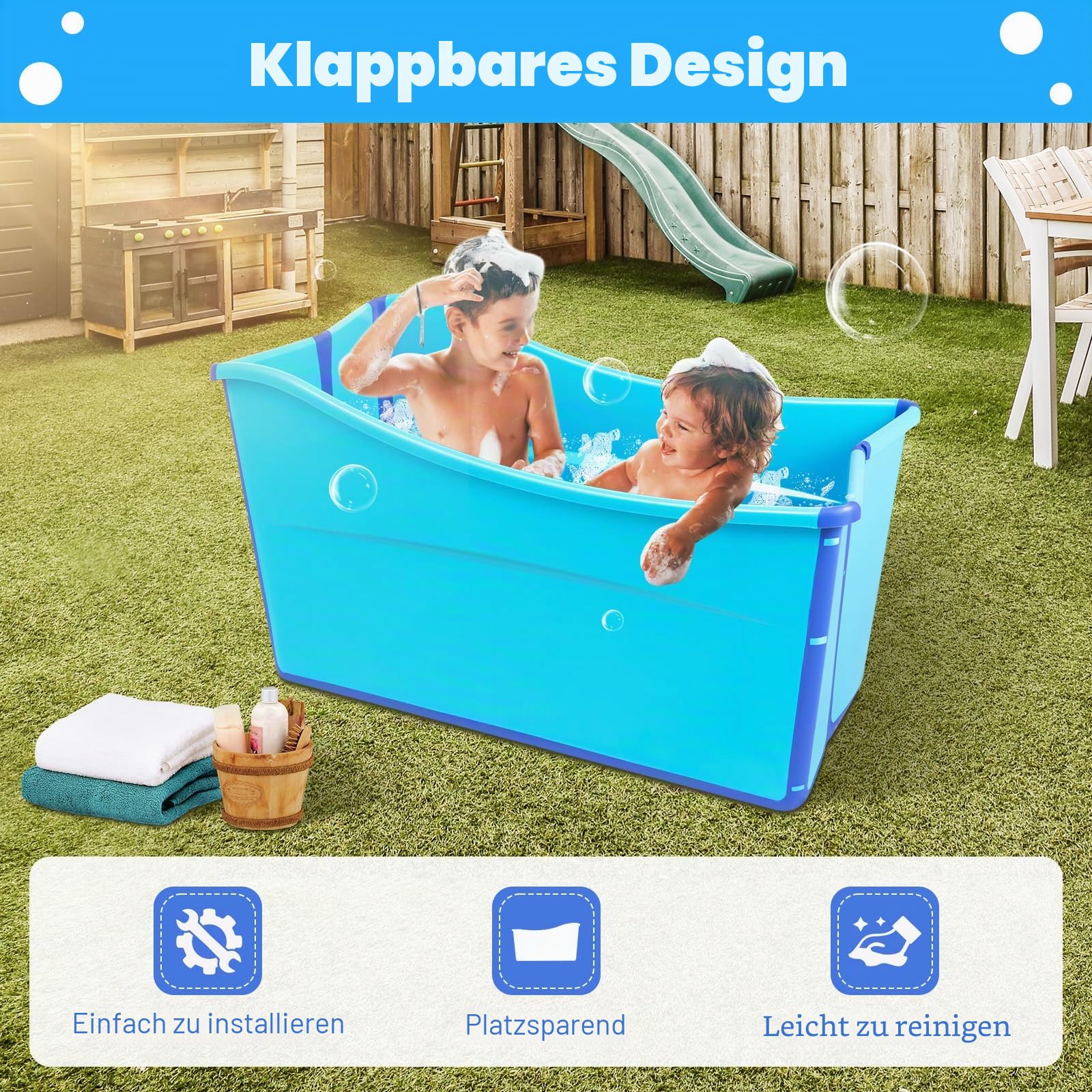 Faltbare Badewanne, Freistehend Badewanne für Baby Erwachsene, Spa-Badewanne Erwachsene Bad Wanne, Klappbadewanne für Dusche, Kleines Badezimmer, 87x46x56.5cm, Blau