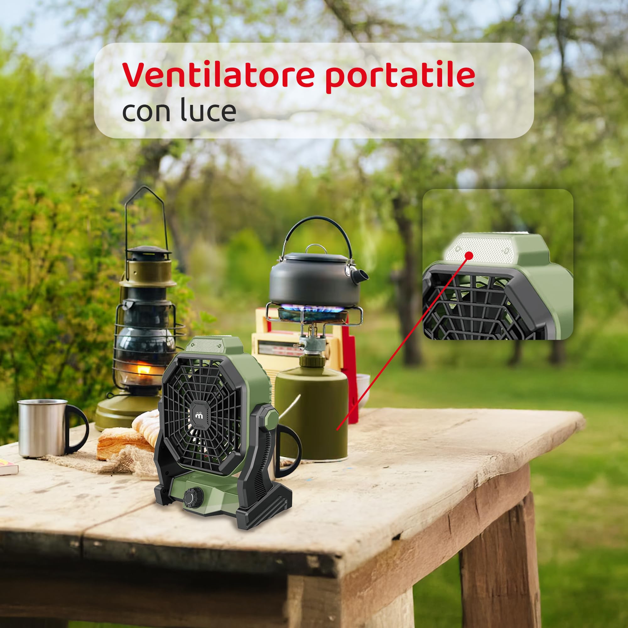 Melchioni Family | Ventilatore Portatile da Campeggio Ricaricabile con Luce, Batteria Incorporata da 5200 mah Ricaricabile tramite Cavo USB