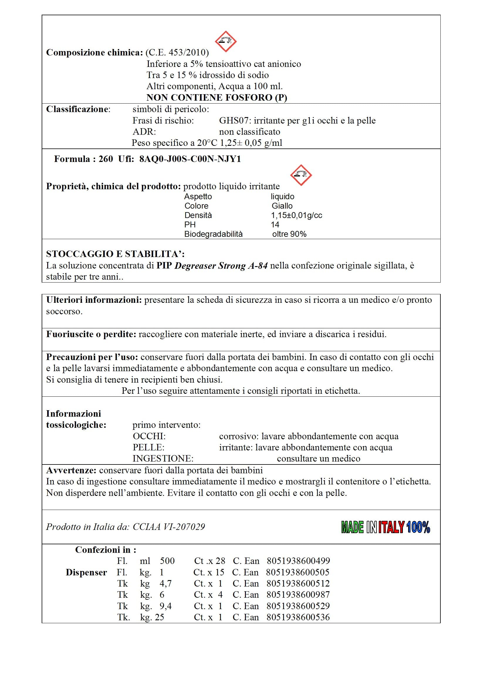 PIP Sgrassatore Professionale Degreaser Strong A-84, Disincrostante, Kit 2pz. da 1L, Concentrato pari a 40 litri di prodotto pronto all'uso, Pulizia Pavimenti, Superfici in Teflon, Forni in Acciaio