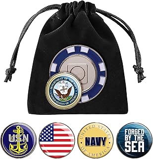 Navy Golf Ball Marker, Magnetic Poker Chip, with 5 US Navy Ball Markers (Blue)