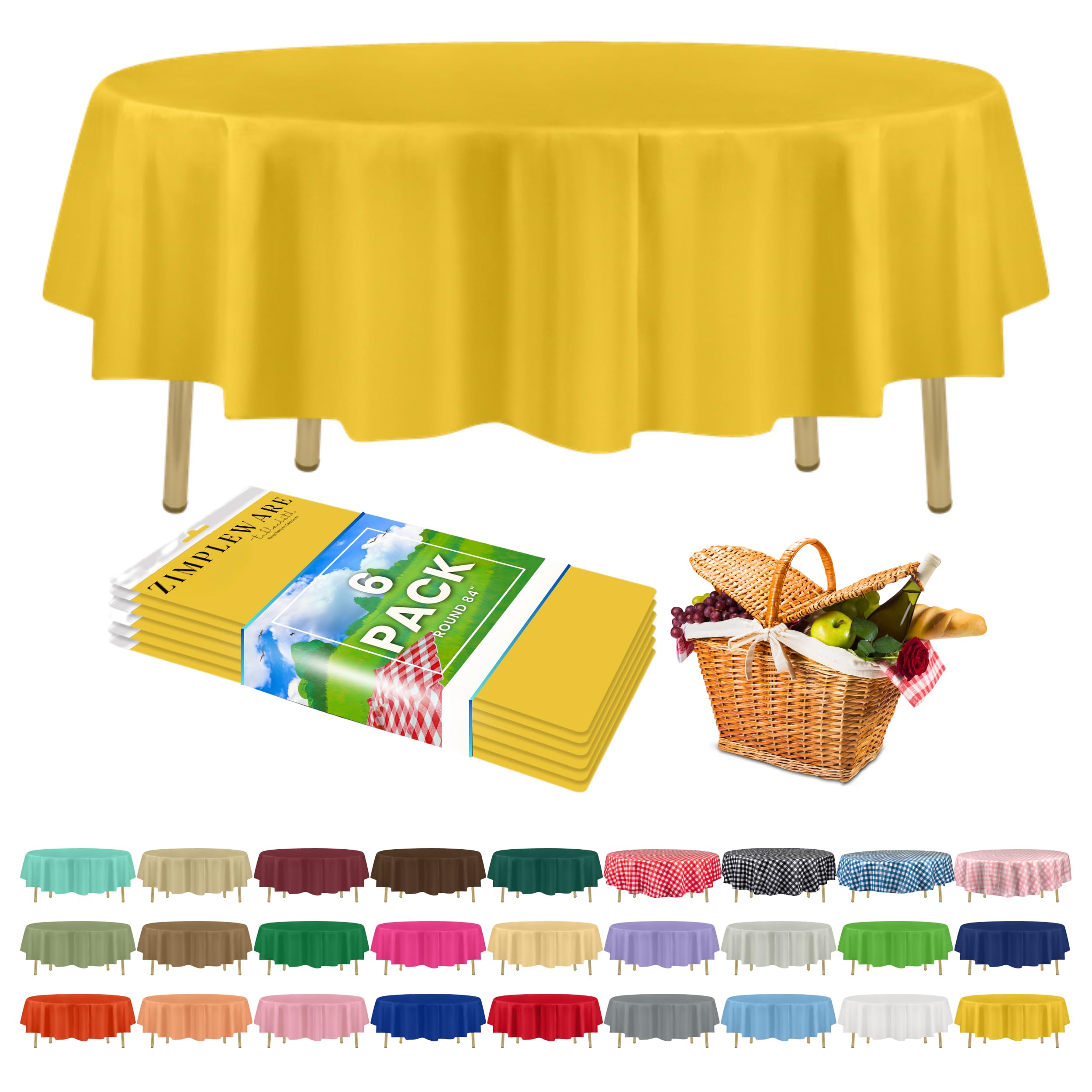 ZIMPLEWARE Premium Yellow Plastic Table Cloth Disposable (6 Pack) Round Tablecloth (84in) Party Table Cloths Disposable, Perfect Table Cloth Round Cover for Any Table Up to 6 Feet — image 1