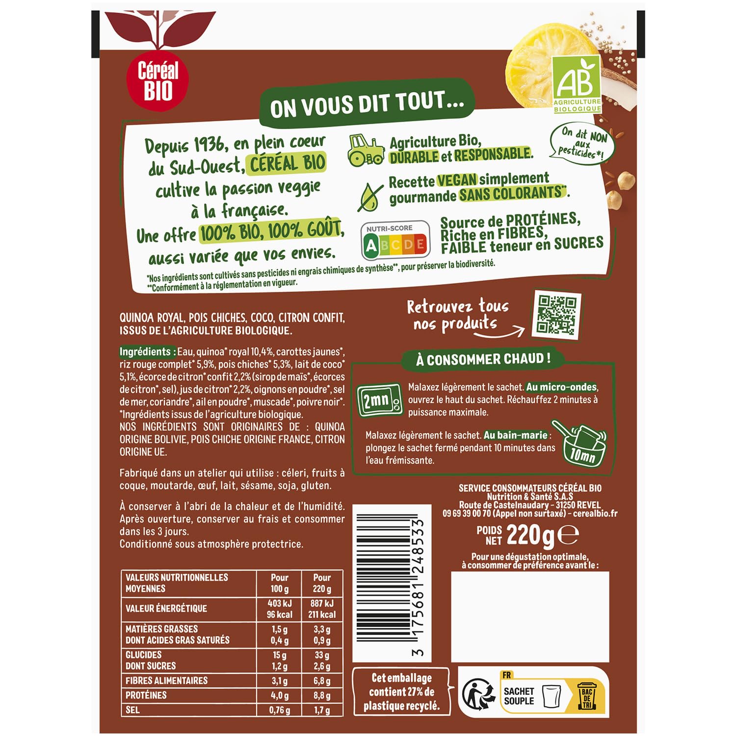 CEREAL BIO Quinoa Royal pois chiches et citron confit Bio 220g — pouch pratique avec fermeture zip, fabriqué en France - Lot de 4