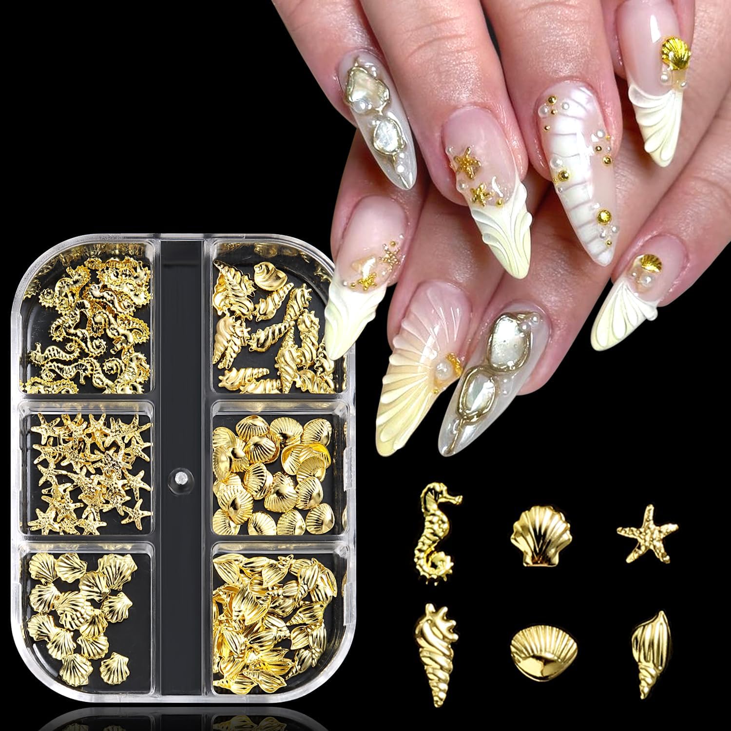 6 Compartiments Breloques De Nail Art En Forme Coquillage D'Été, Bijoux Ongles Nail Art Thème Océan, Breloques Ongles, Coquillage Decoration Pour DIY Décoration De Cartes Et Coques