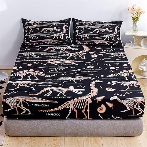 URLINENS Dinosaur Fitted Sheet & Pillowcase Set, Full Size, Jurassic Evolution Dino Bones Bedding Set, 3 Piece, Kids Boys Girls Teens Fun Bed Sheet - Full - Dinosaur Black