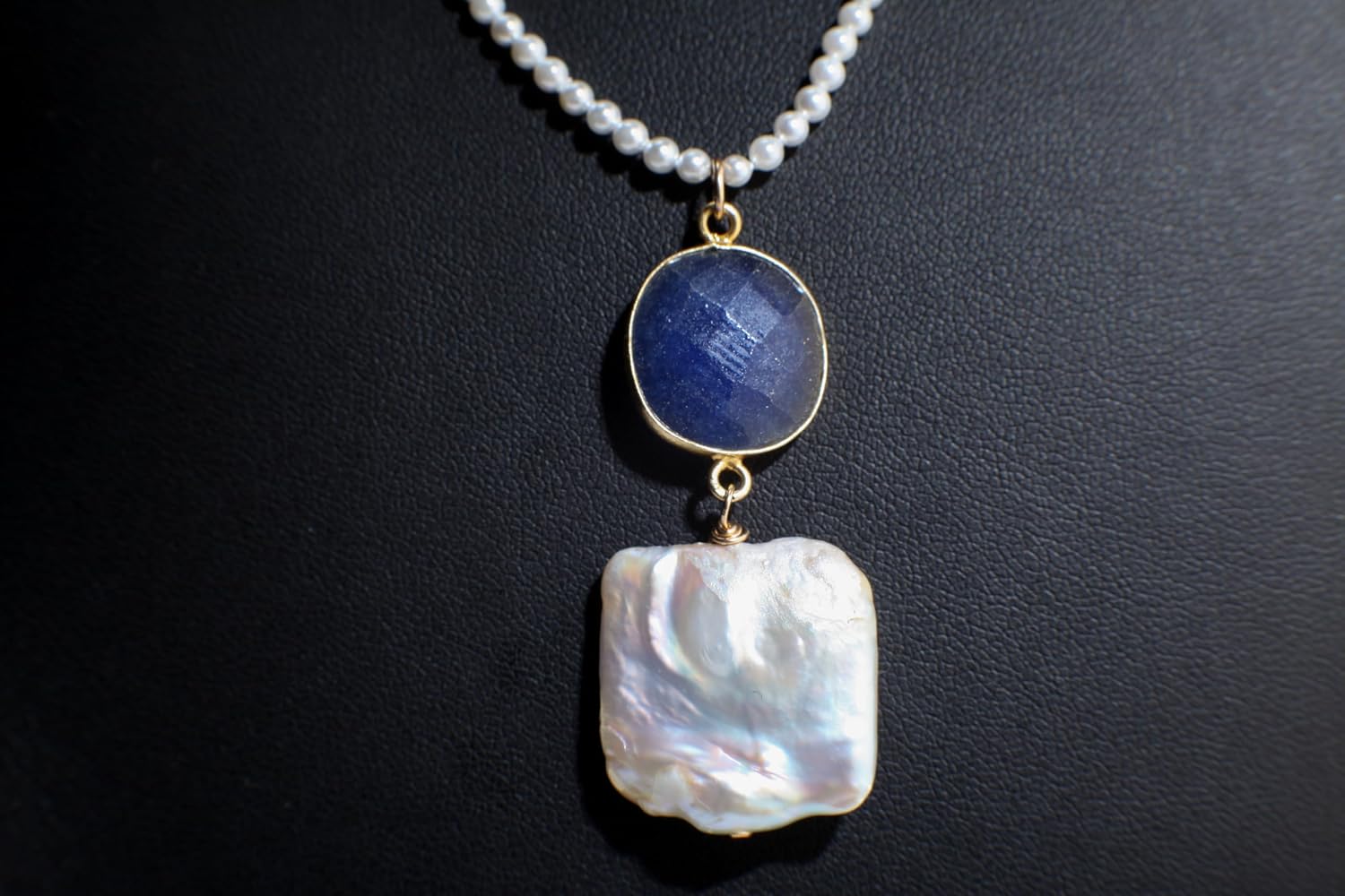Baroque Pearl Necklace, Freshwater Square Baroque Pearl, Blue Sapphire Gold Bezel Pendant Pearl Gemstone Bridal, Bridesmaid 18" Necklace