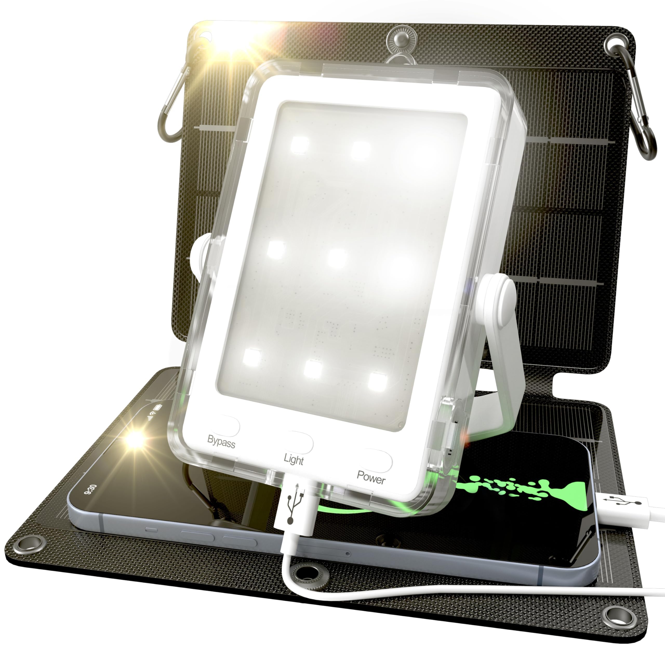PRAANA Kit de supervivencia solar 3 en 1, linterna de emergencia con banco de energía USB-C de 5000 mAh y panel solar de 7 W para cortes de energía, campamento y preparación para emergencias