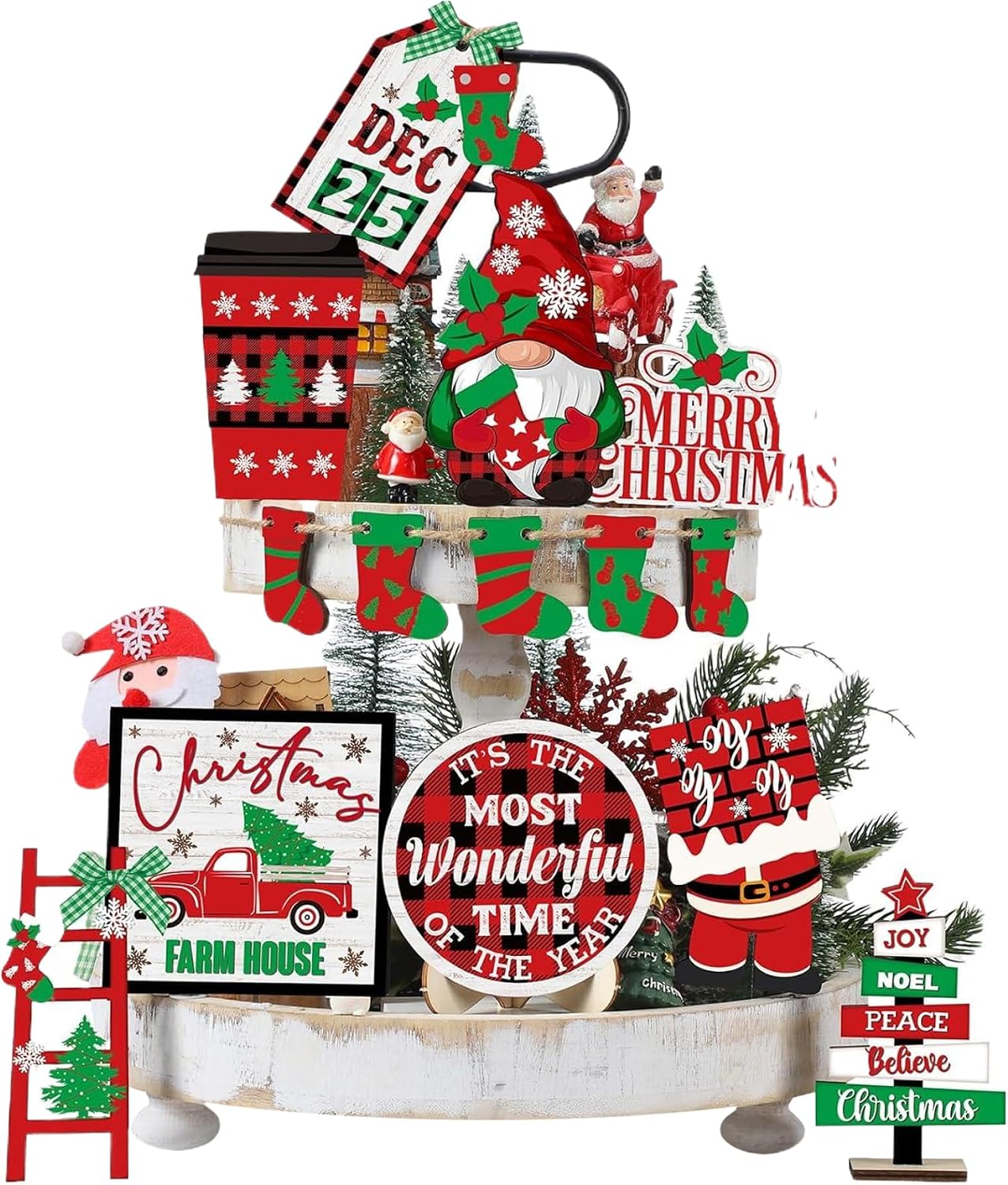 14 Pcs Christmas Tiered Tray Decorations, Set Decor Wooden with Adorable Designs Versatile Holder for Celebration