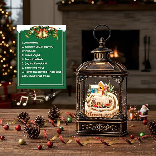 Miniatura 5 de Linterna de globo de nieve de Navidad, muñeco de nieve brillante y tren con música, forro USBfunciona con pilas, linterna iluminada para decoración