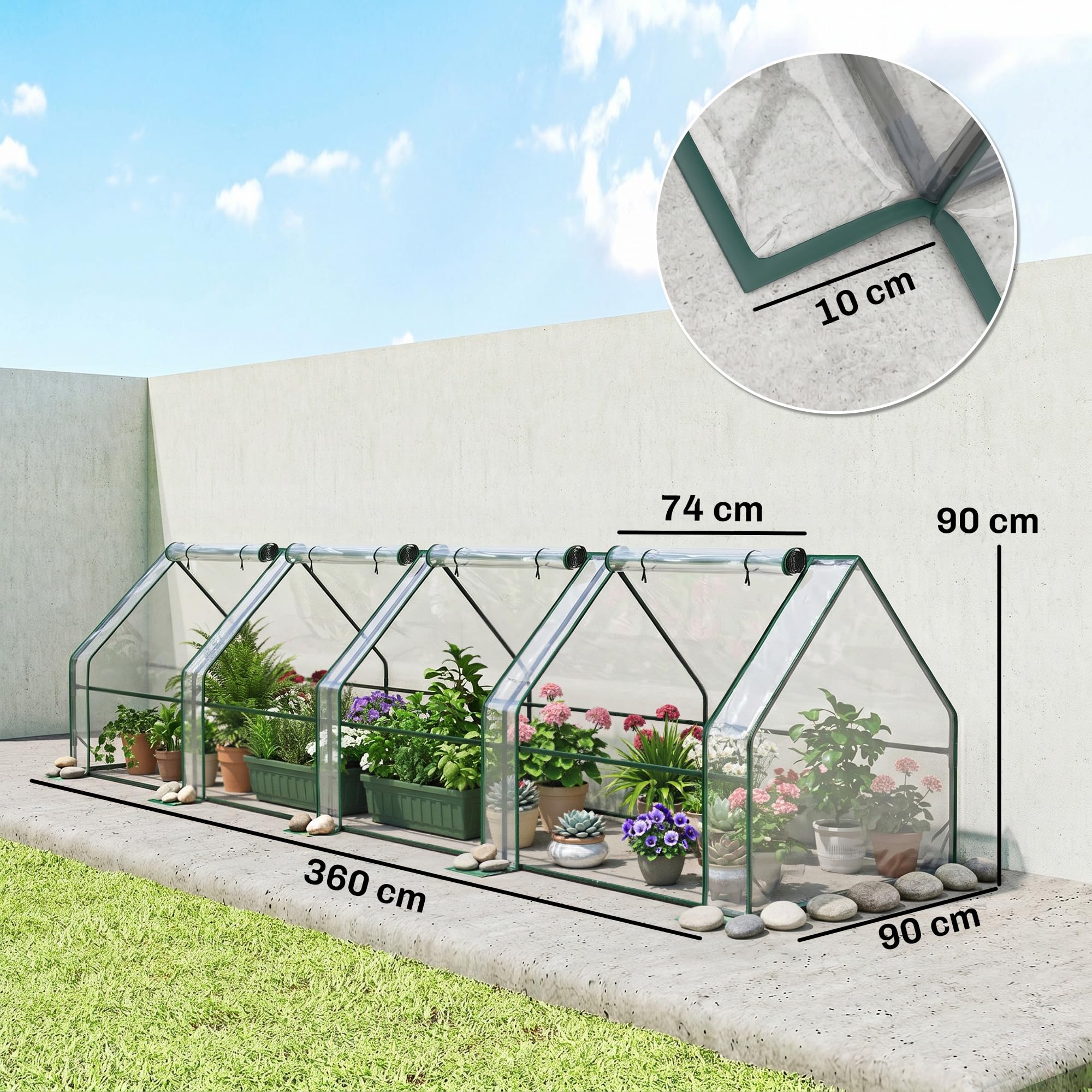 Outsunny Szklarnia z oknem na suwak 360x90x90 cm przezroczysta | Szklarnia foliowa zimoodporna ze stali, na balkon, ogród, do uprawy pomidorów, warzyw, kwiatów