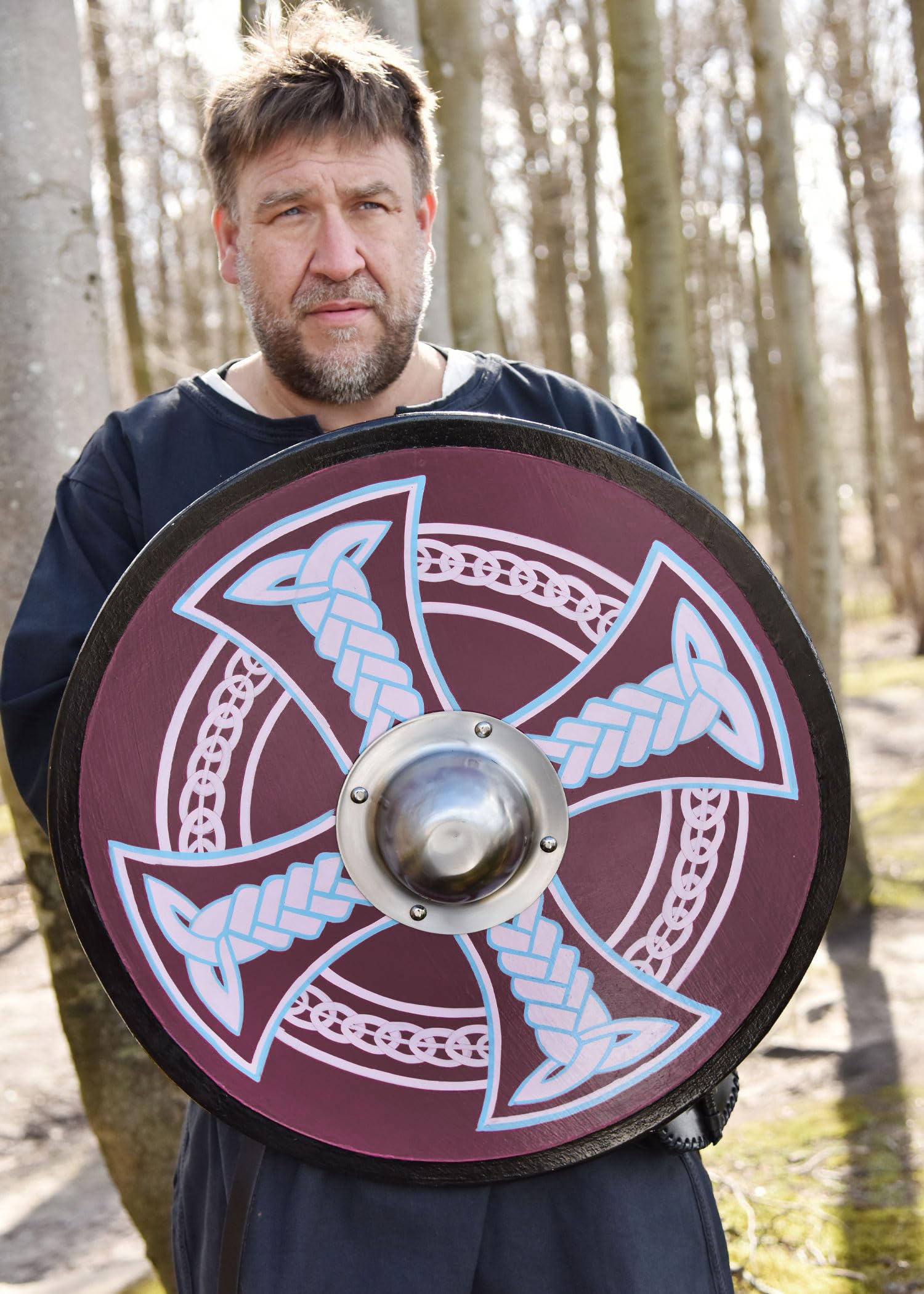 Battle-Merchant | Rundschild mit Keltenkreuz-Motiv | handbemalter Wikingerschild aus Holz | 61cm (24 Zoll) | Wikinger Mittelalter Schild für Erwachsene