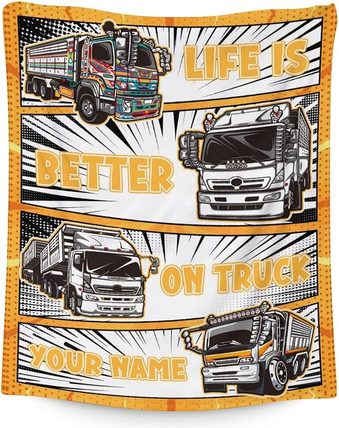 Personalized Truck Blanket Gifts with Name - 50x60 Inches Funny Throw Blanket for Boys & Kids - Black Soft Fuzzy Car Blankets for Bed, Couch & Living Room